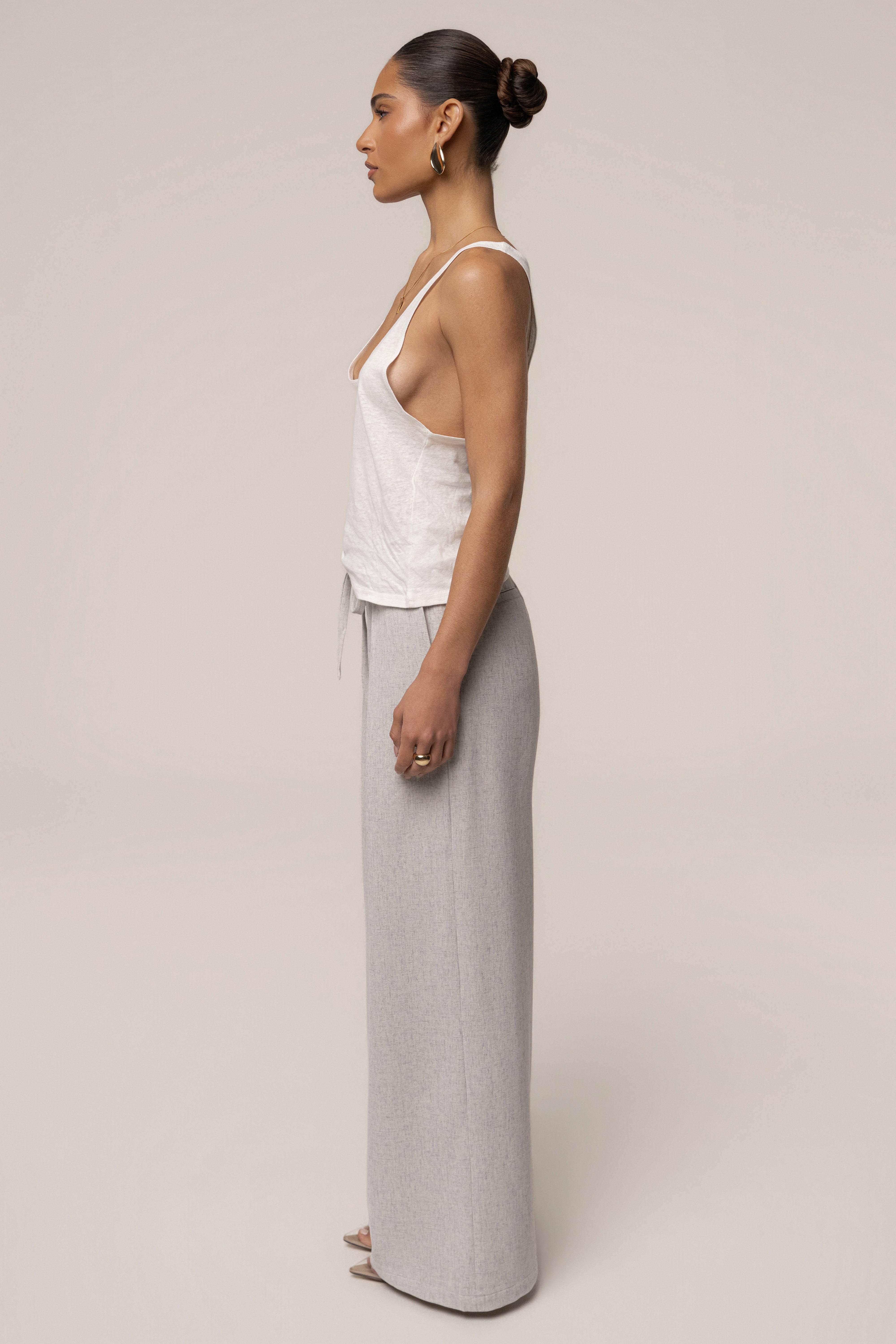 Heather grey JLUXLABEL wide-leg pants, refined ease bottoms with a relaxed fit and stylish design, shown on a model.