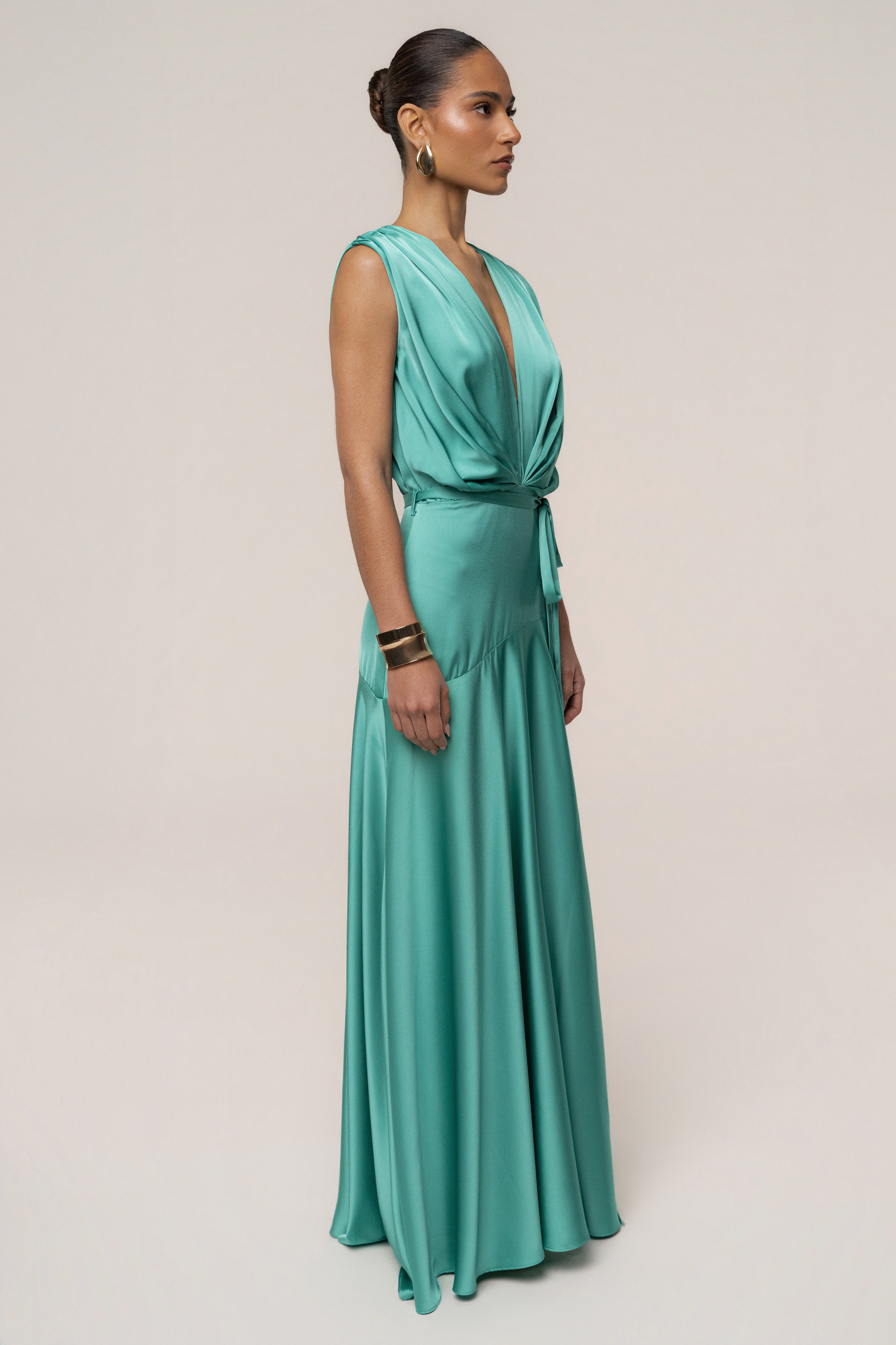 JLUXLABEL Aqua Amalia satin maxi dress in new colors, flowing fabric and elegant design, perfect for formal occasions.