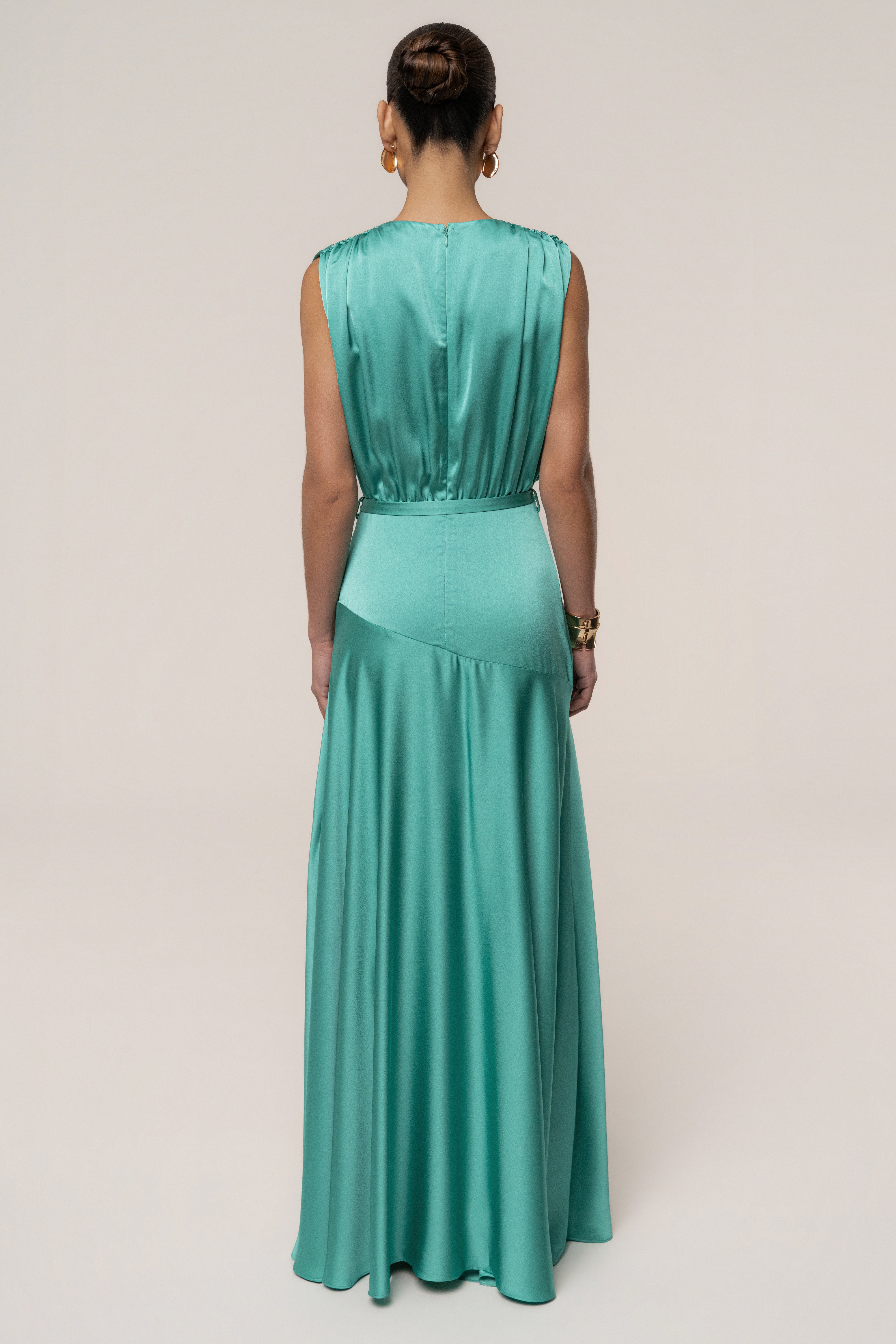 JLUXLABEL Aqua Amalia satin maxi dress with flowing fabric and elegant design, perfect for formal occasions.