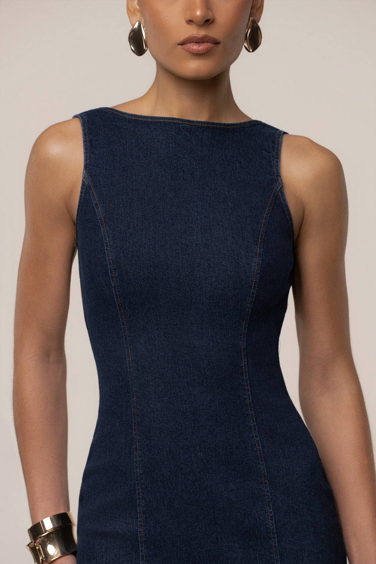Dark denim JLUXLABEL sculpt maxi dress with fitted bodice and flowing skirt, ideal for stylish casual or dressy occasions.