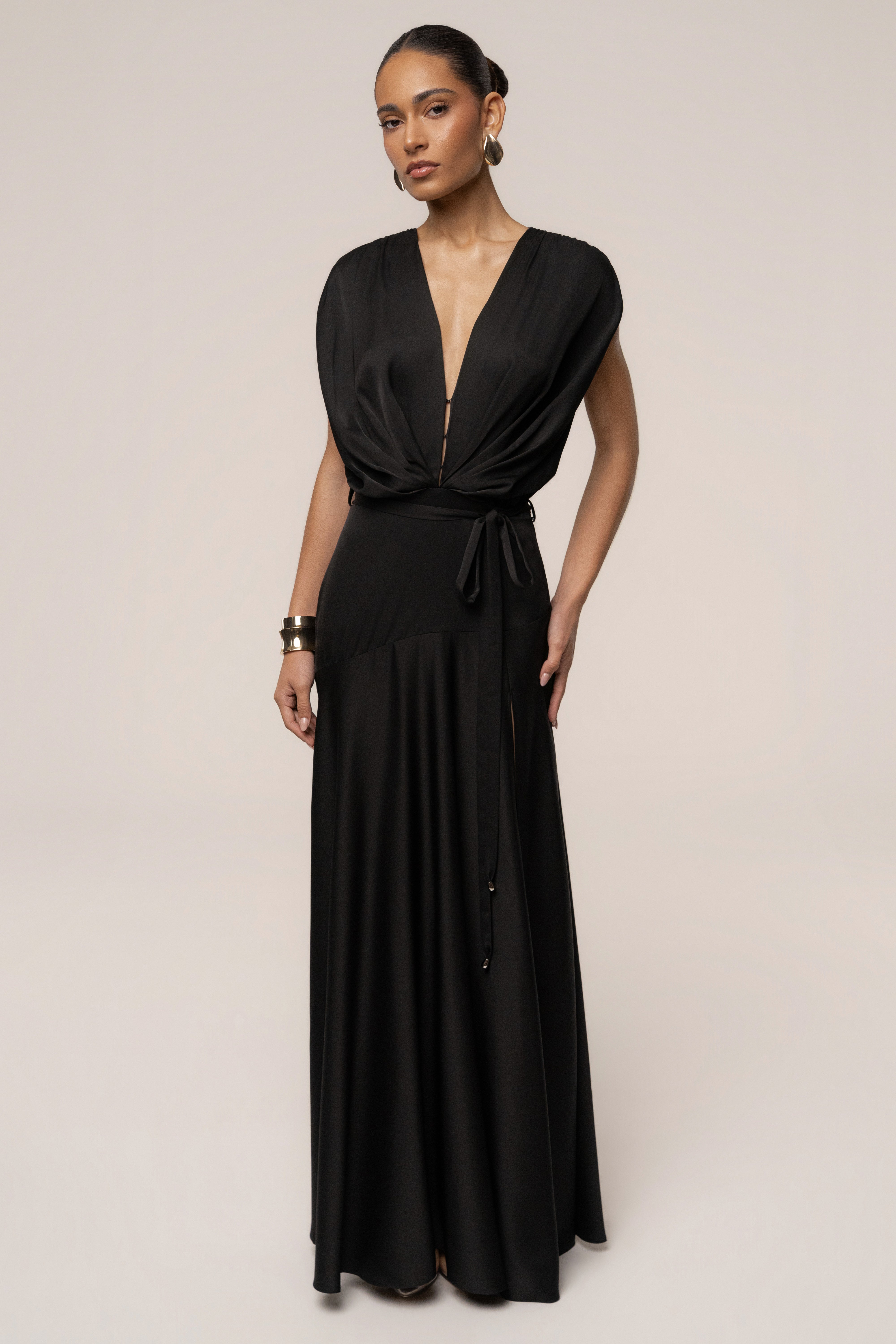 Black Amalia Satin Maxi Dress by JLUXLABEL, showcasing smooth satin fabric and elegant floor-length design.