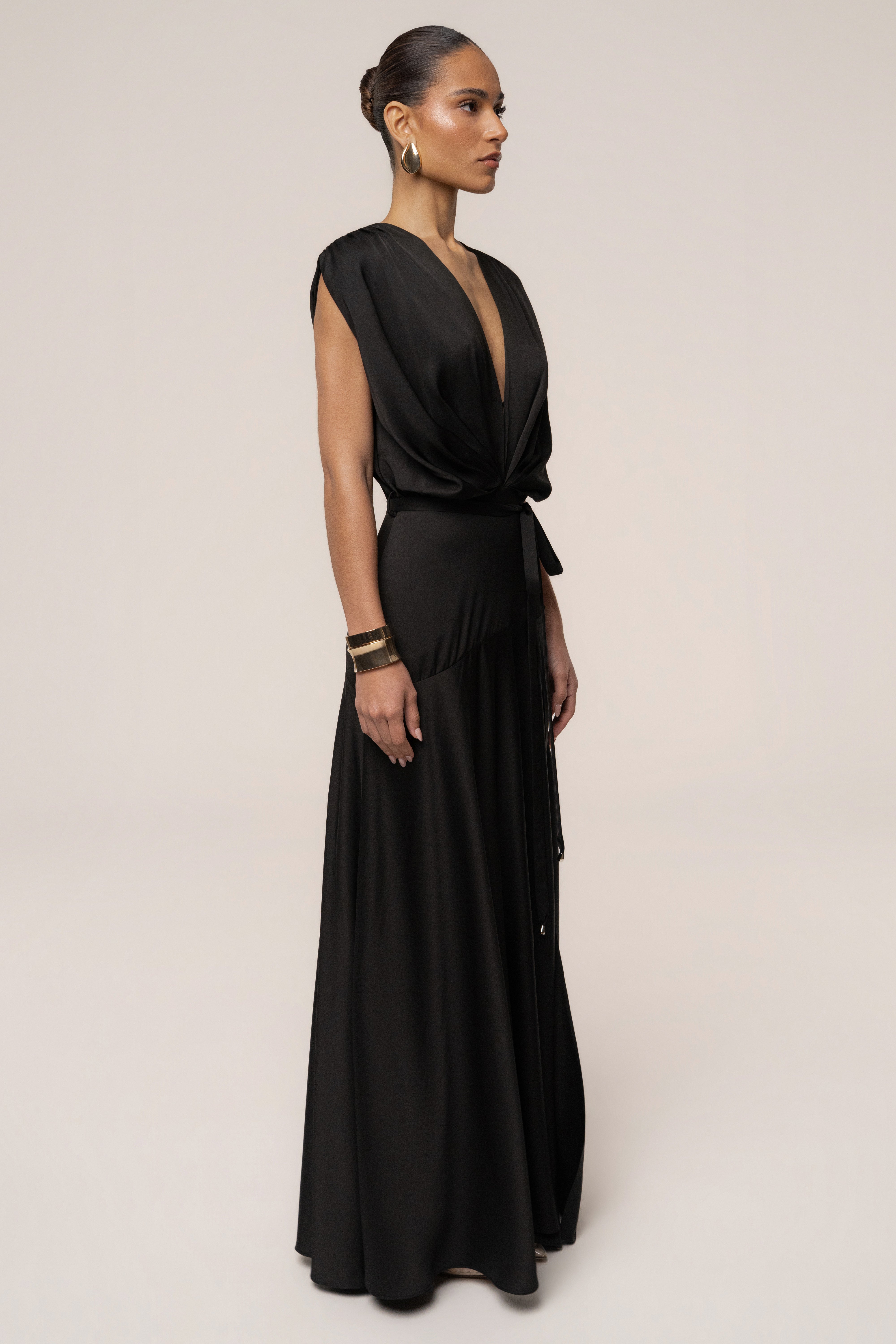 Black Amalia Satin Maxi Dress by JLUXLABEL, flowing satin fabric, elegant long dress with a fitted bodice and full-length skirt.