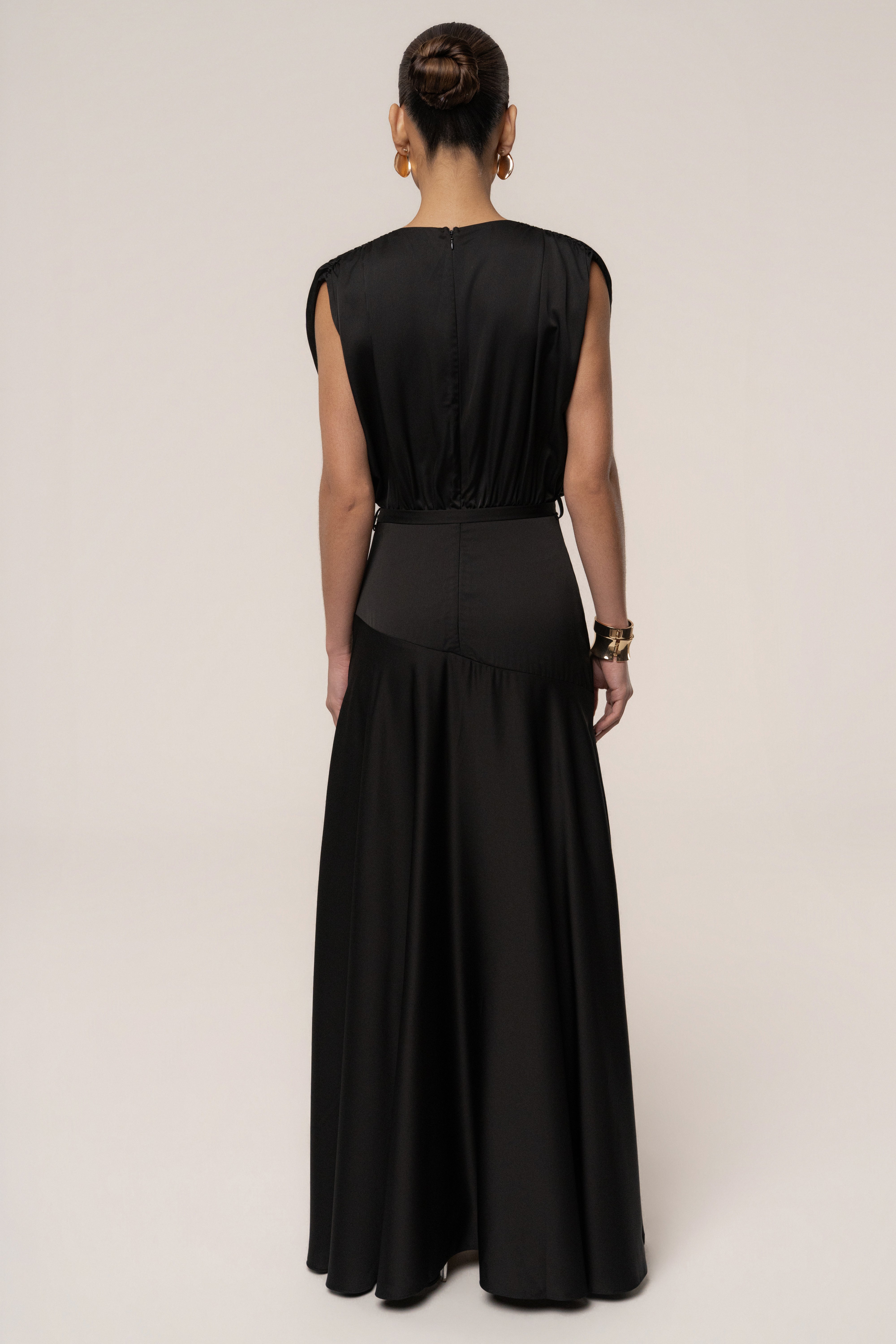 Black Amalia satin maxi dress by JLUXLABEL, elegant flowing dress with a fitted bodice and full-length skirt.