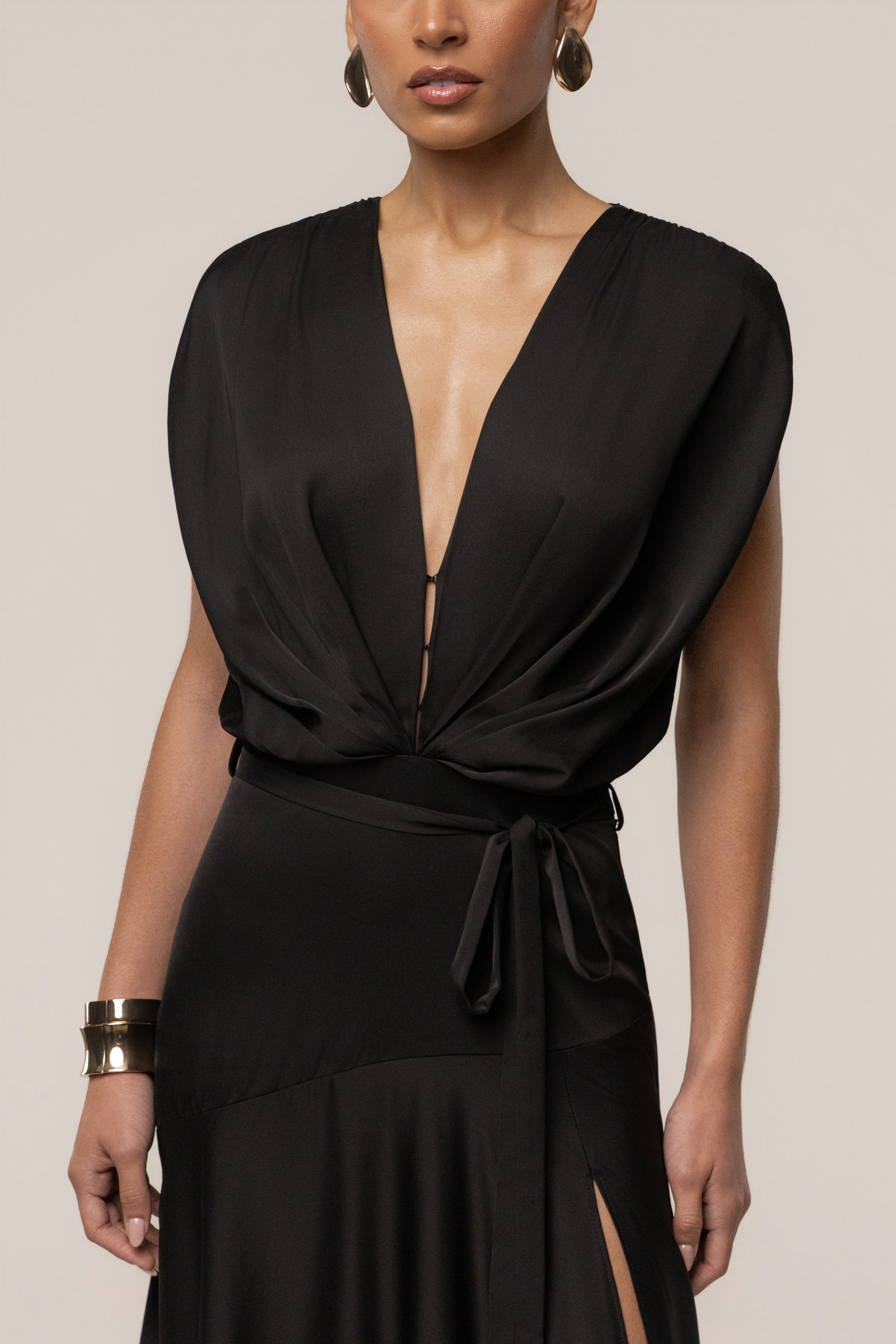 Black Amalia Satin Maxi Dress from JLUXLABEL featuring a flowy silhouette and elegant satin fabric.
