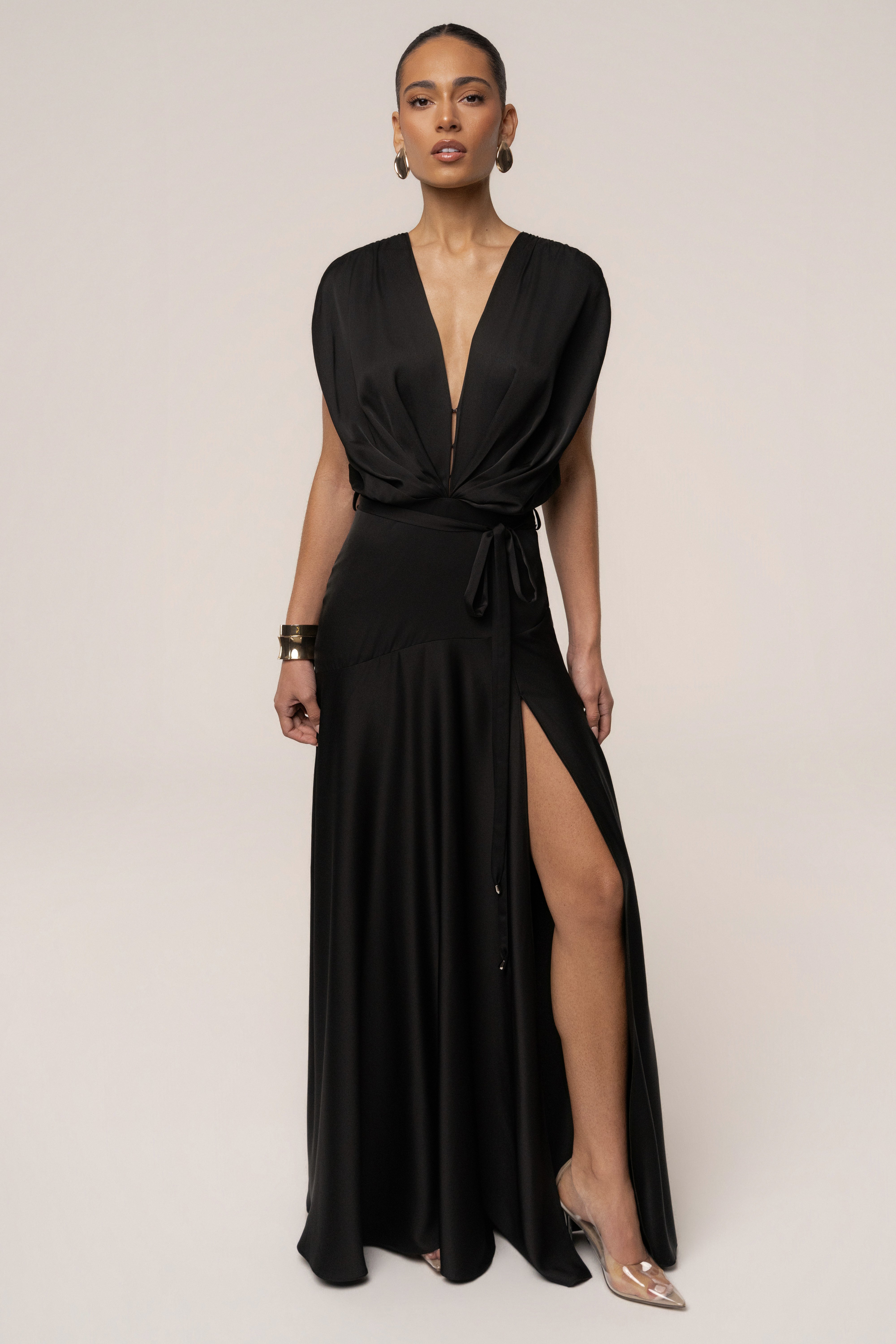 Black Amalia Satin Maxi Dress by JLUXLABEL featuring a flowing satin fabric and elegant maxi length.