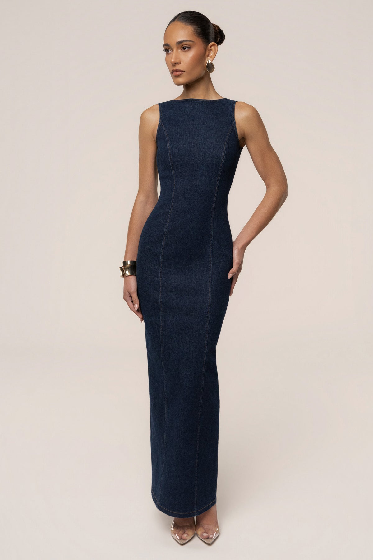 Dark denim sculpt maxi dress from JLUXLABEL featuring a fitted silhouette and flowing length, perfect for stylish casual wear.