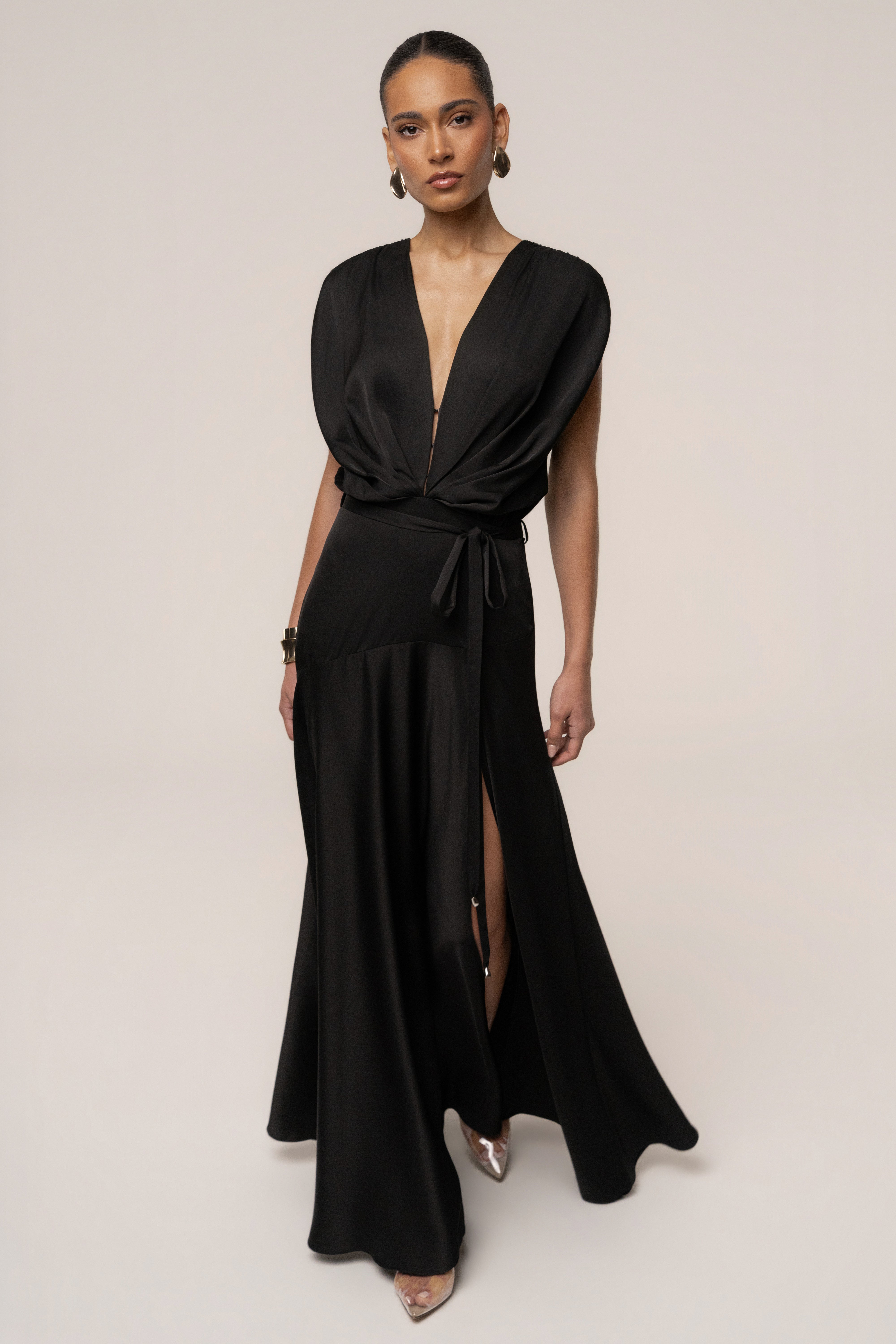 Black Amalia Satin Maxi Dress by JLUXLABEL, showcasing a flowing satin fabric and elegant design perfect for formal occasions.