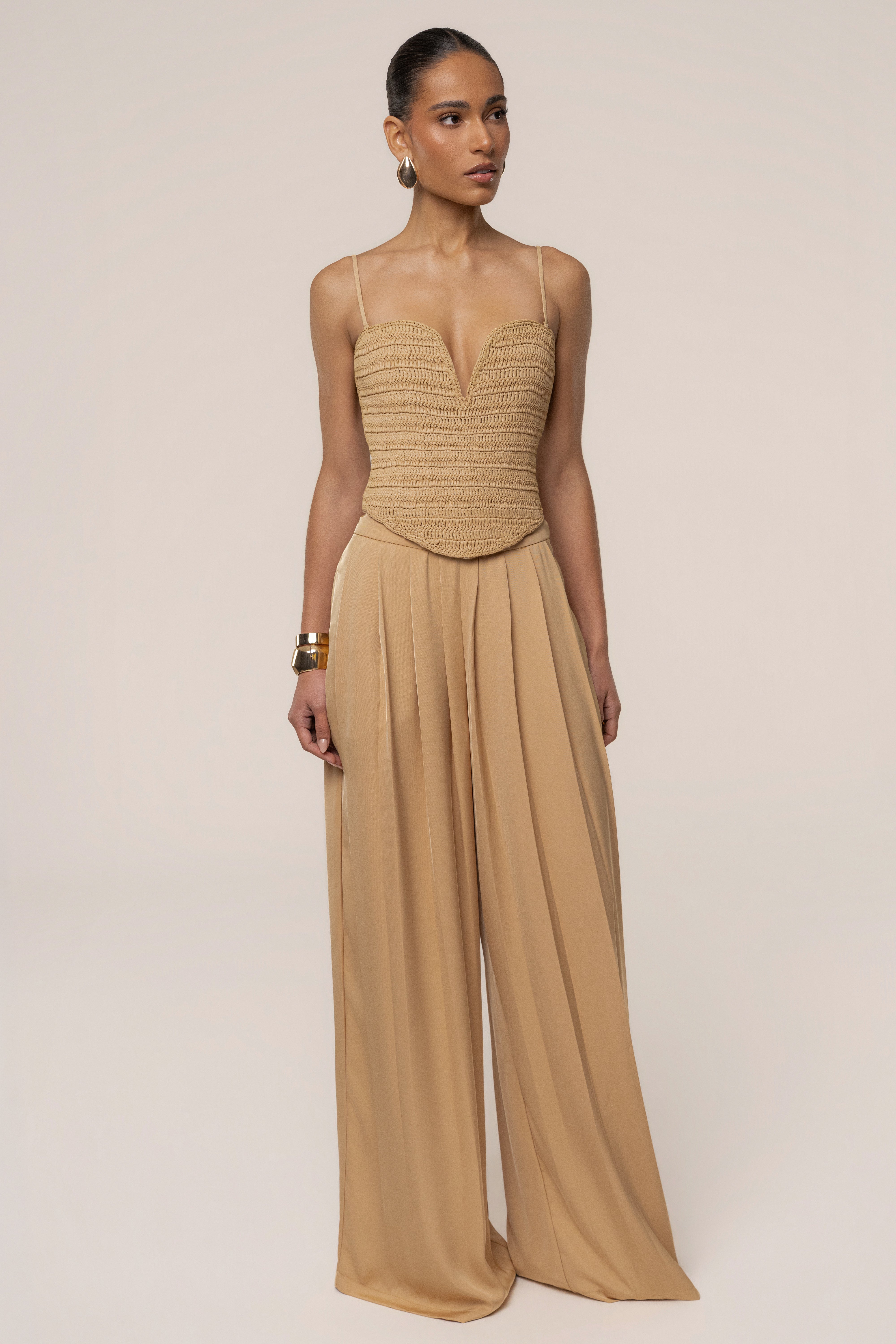 Beige JLUXLABEL natural form corset top with structured design and supportive fit, shown from the front on a plain background.