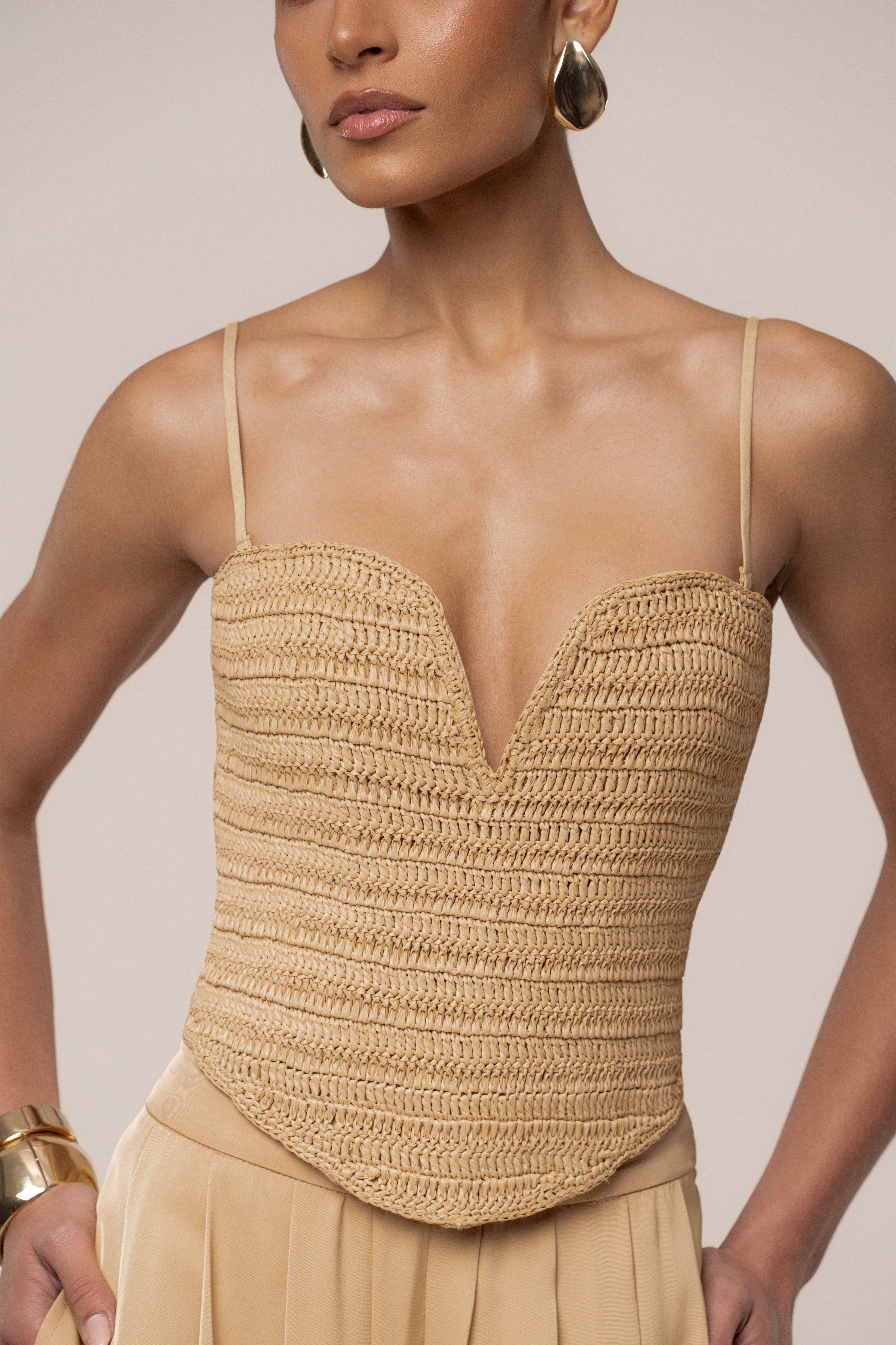 Beige natural form corset top by JLUXLABEL, featuring a fitted design with supportive boning and a sleek, stylish appearance.