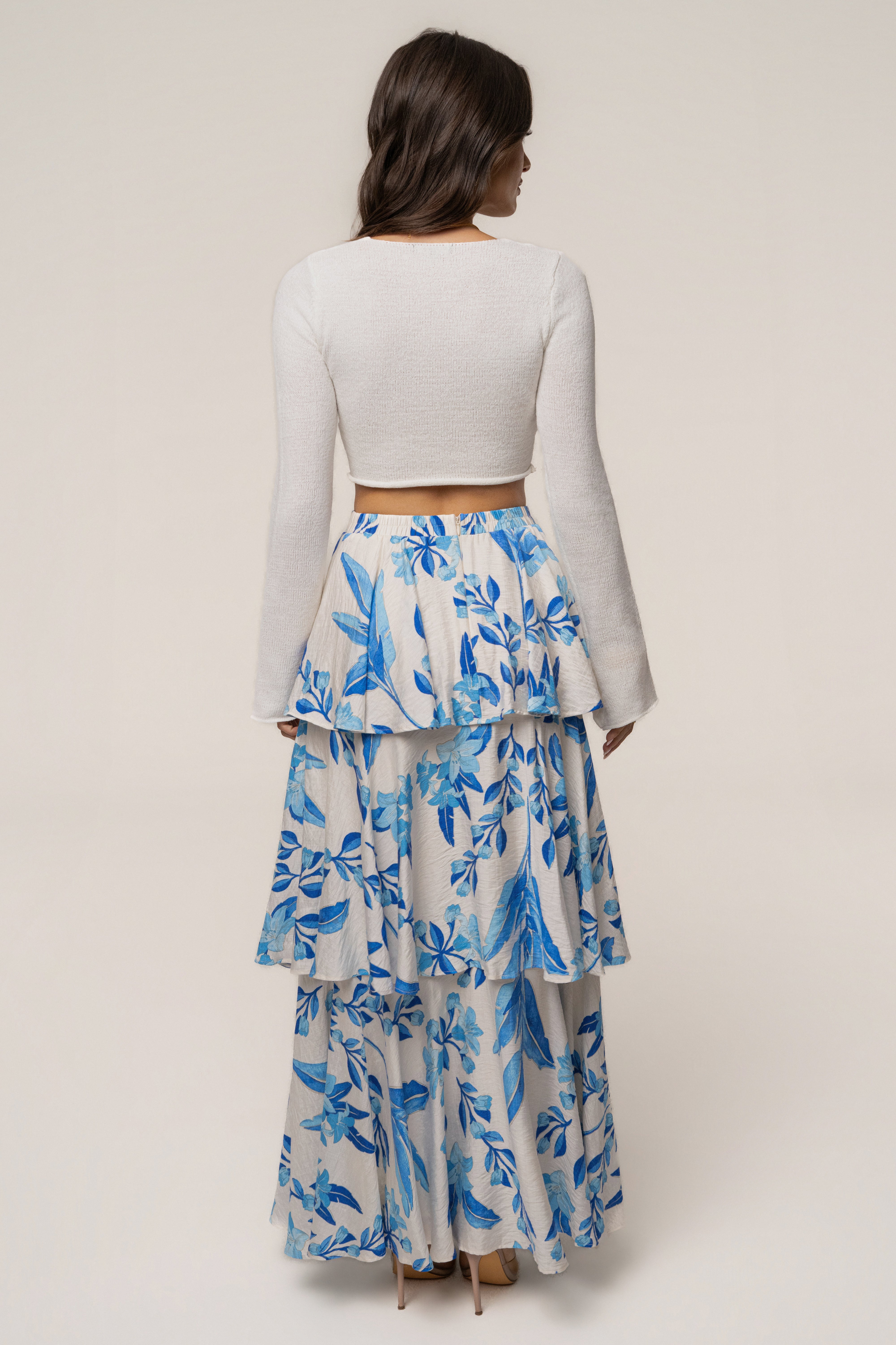 Blue floral Jasmine ruffle maxi skirt from JLUXLABEL featuring a flowy design and floral print, perfect for casual or dressy outfits.