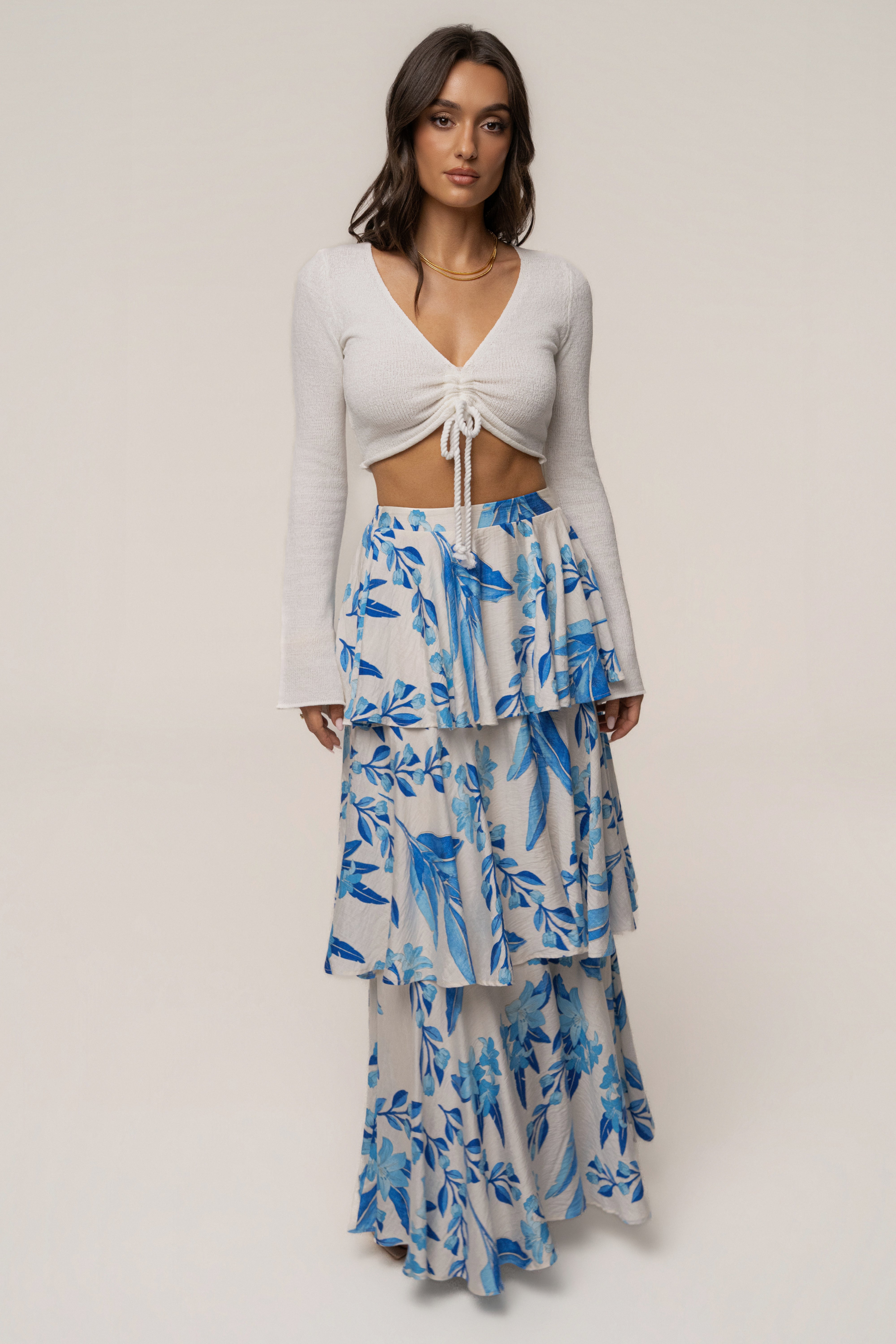 Blue floral jasmine ruffle maxi skirt from JLUXLABEL, flowing skirt with ruffle details and floral print, perfect for summer wear.