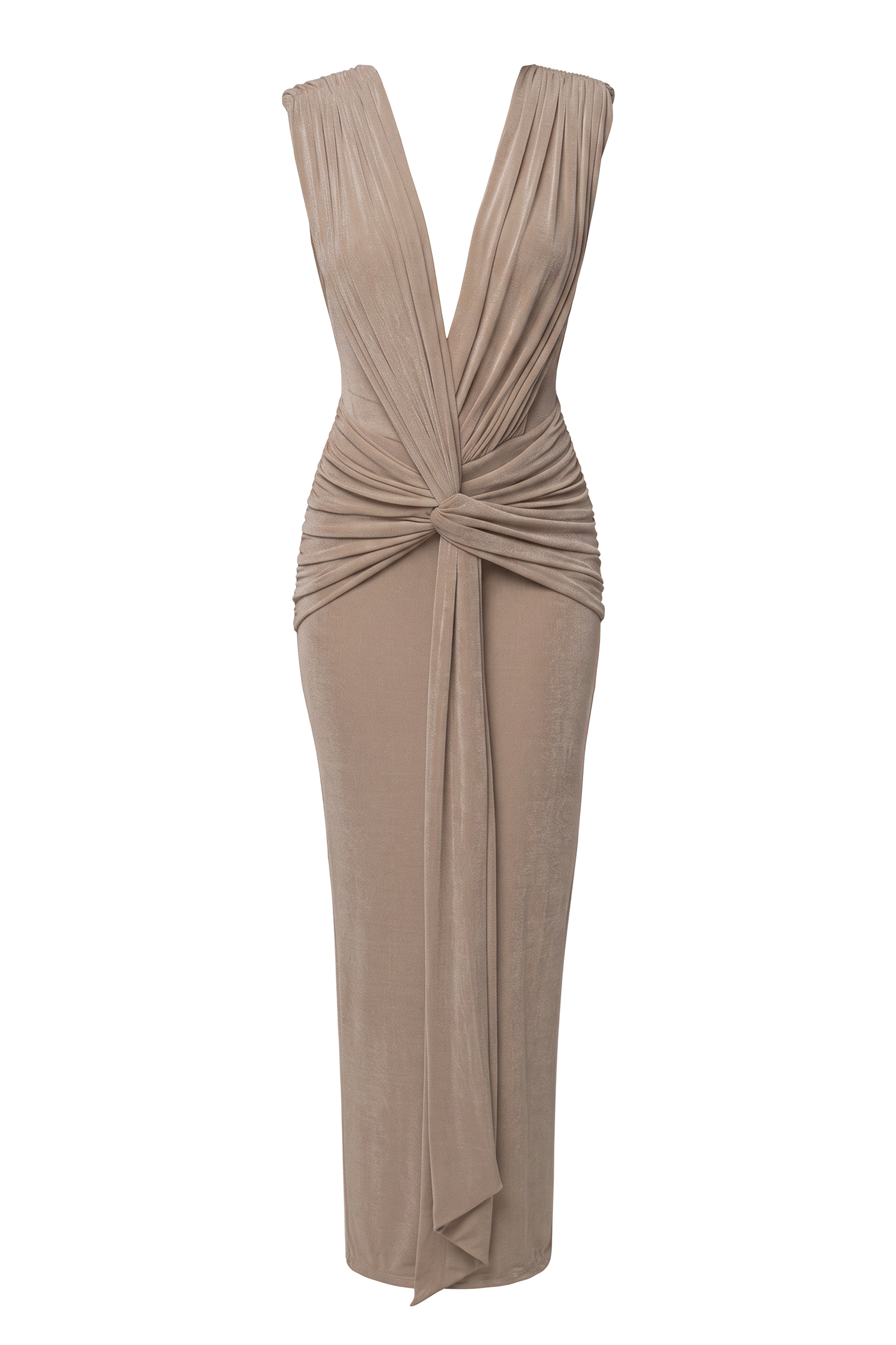 Stone Palma Plunge Maxi Dress by JLUXLABEL, featuring a flowing silhouette and deep neckline, perfect for elegant occasions.