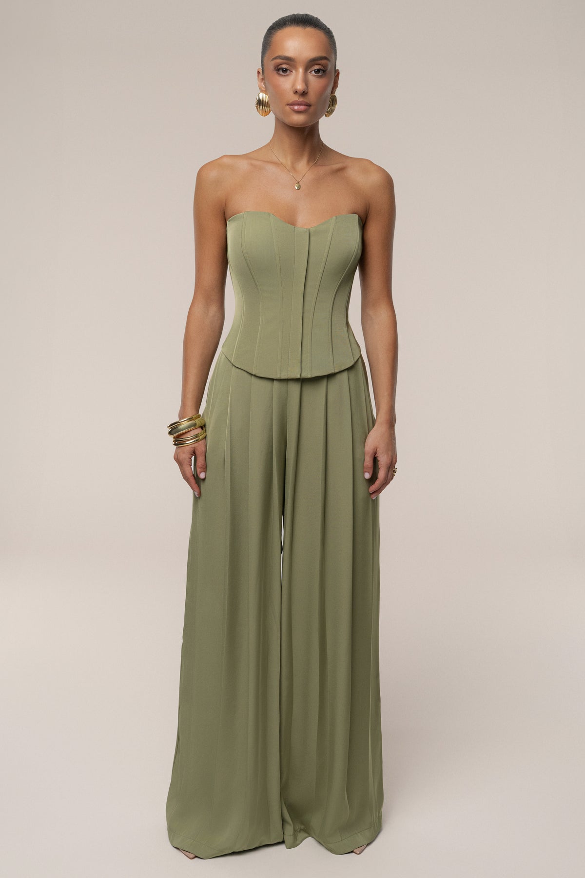 Olive Clara Wide Leg Pleated Trousers - JLUXLABEL