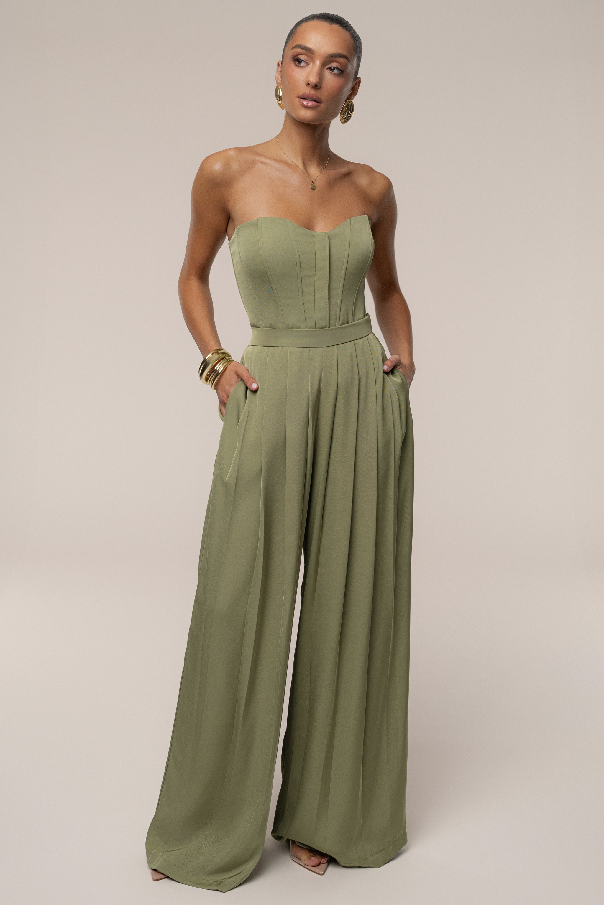 Tyrell | Olive Pleated Satin Wide-Leg Trousers