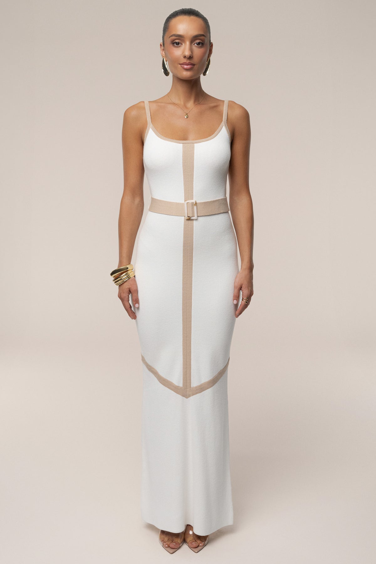 Ivory beige belted cami maxi dress by JLUXLABEL featuring a flowy silhouette and adjustable waist tie.