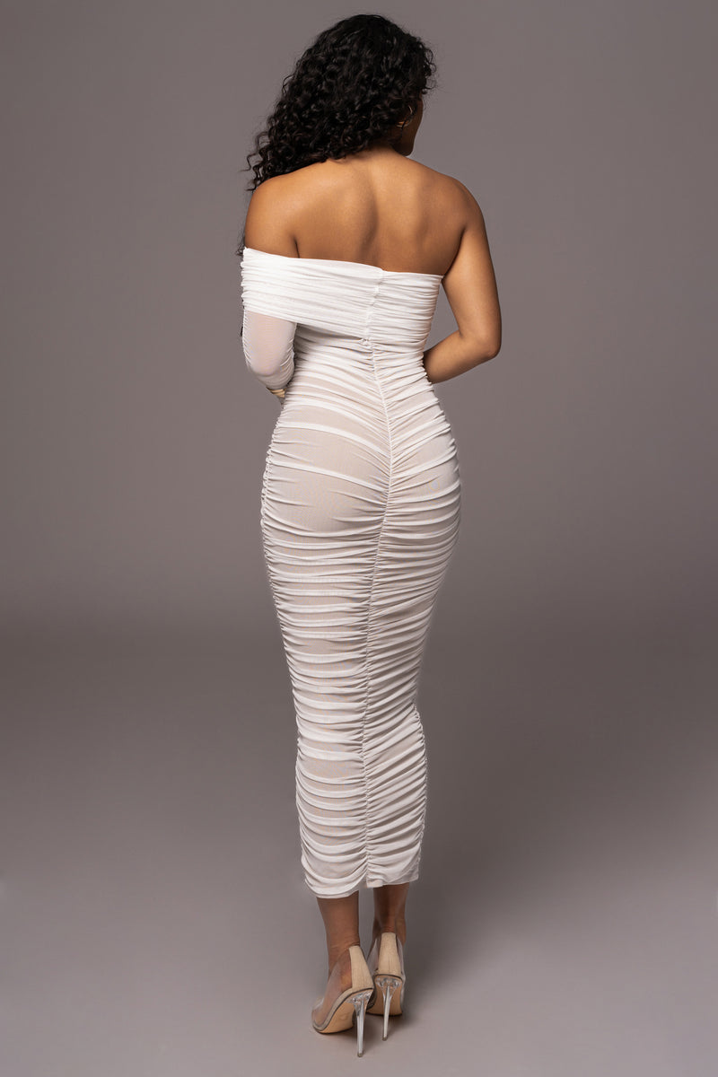White Denise Ruched Dress - JLUXLABEL