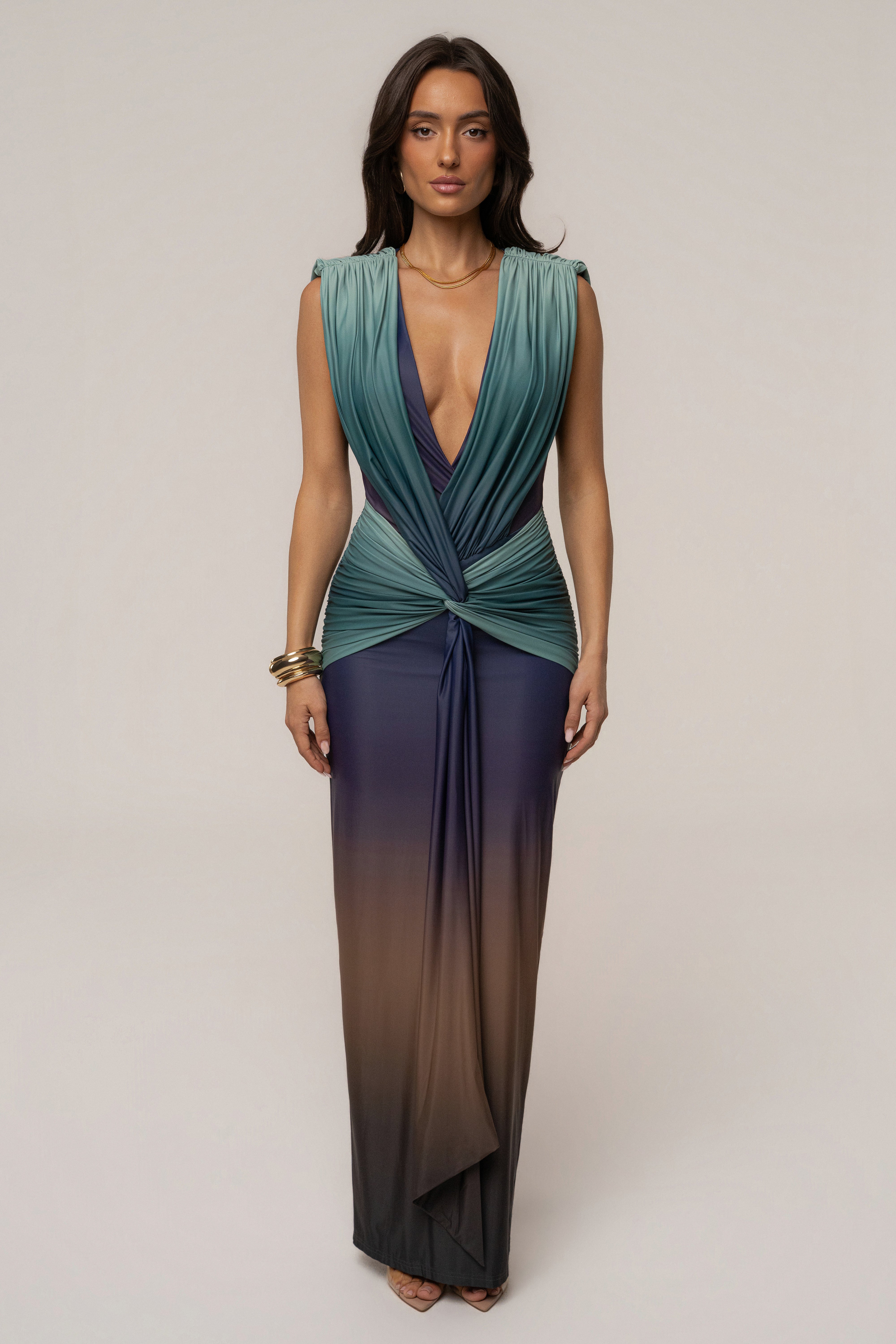 Lunar Shadow Palma Plunge Maxi Dress by JLUXLABEL featuring a deep V neckline and flowing fabric in a stylish maxi dress design.