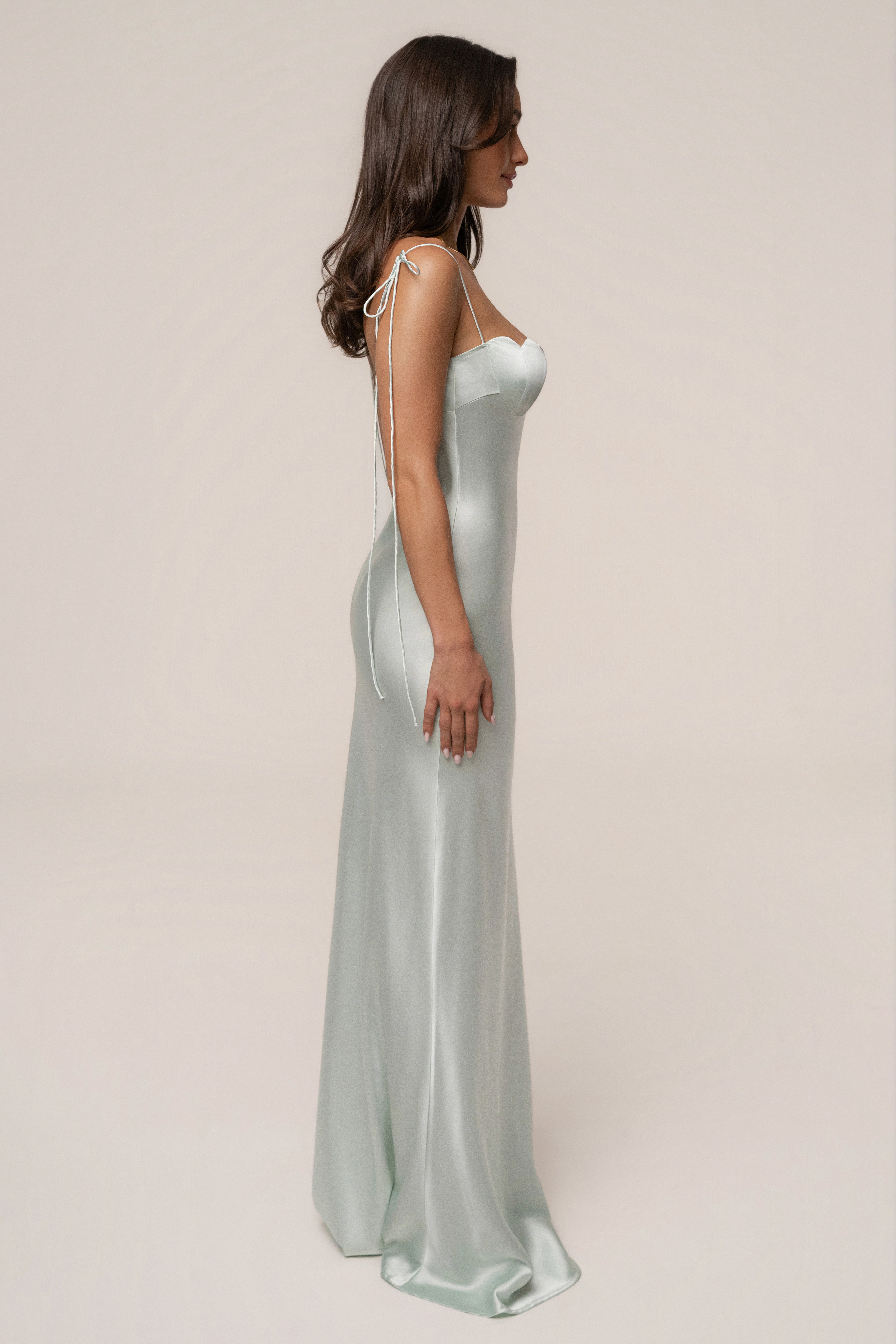 Sage Galilea satin maxi dress by JLUXLABEL, featuring a flowing design with satin fabric and elegant straps, perfect for formal occasions.