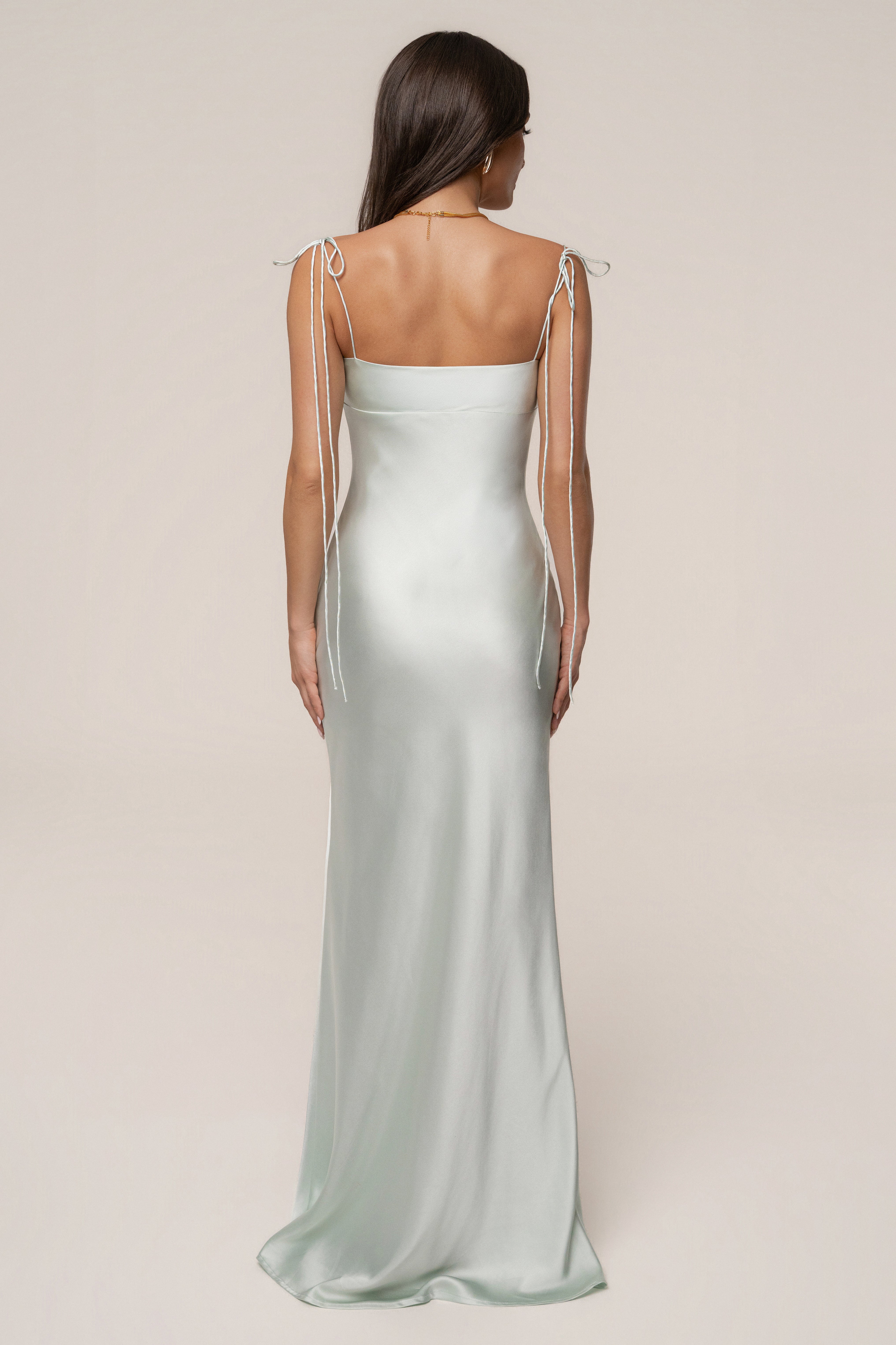 Sage Galilea satin maxi dress by JLUXLABEL featuring a flowing silhouette and elegant design for formal occasions.