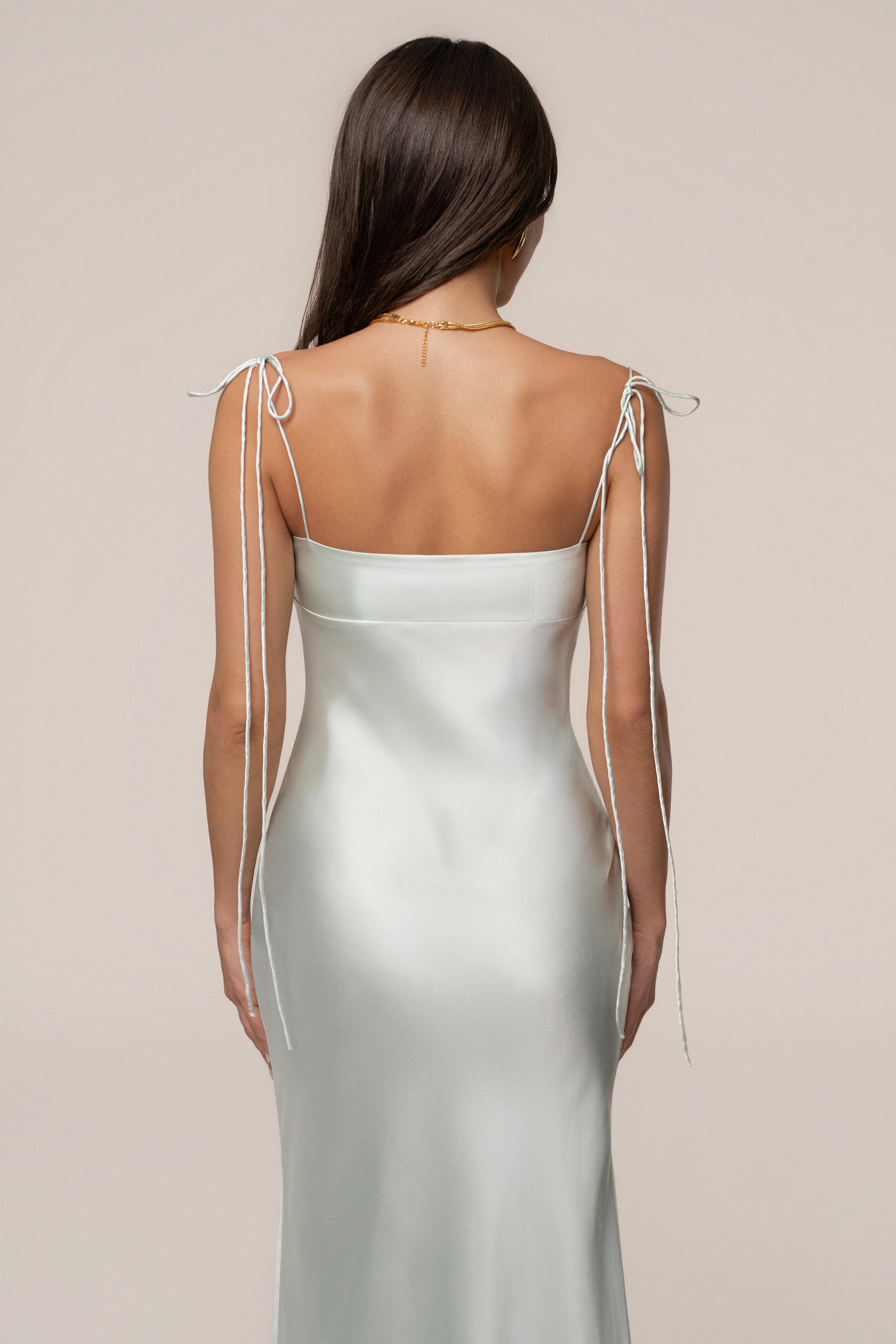 Sage Galilea satin maxi dress by JLUXLABEL featuring a flowing silhouette and elegant satin fabric, perfect for formal occasions.