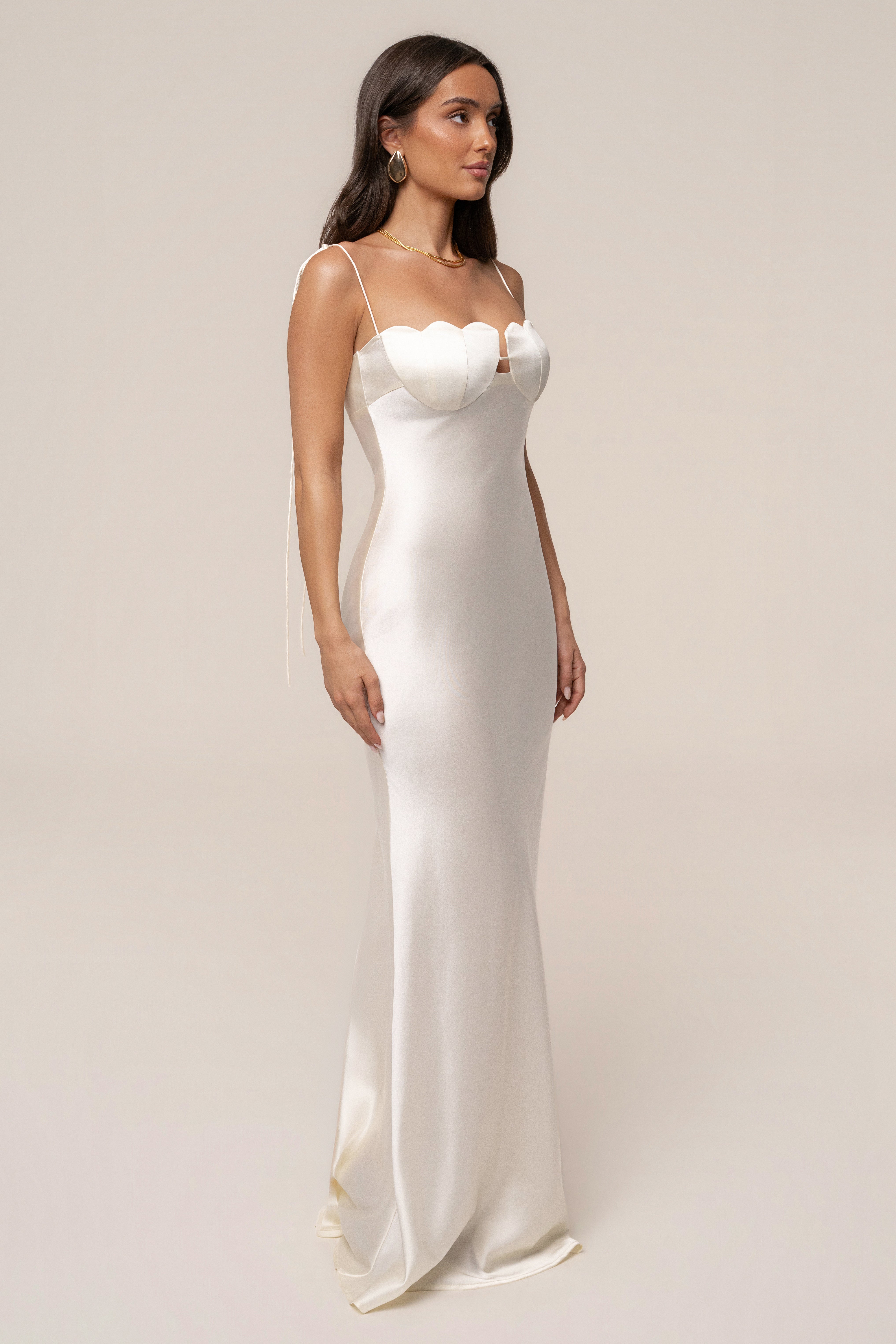Cream Galilea Satin Maxi Dress by JLUXLABEL featuring a flowing satin fabric and elegant maxi length.