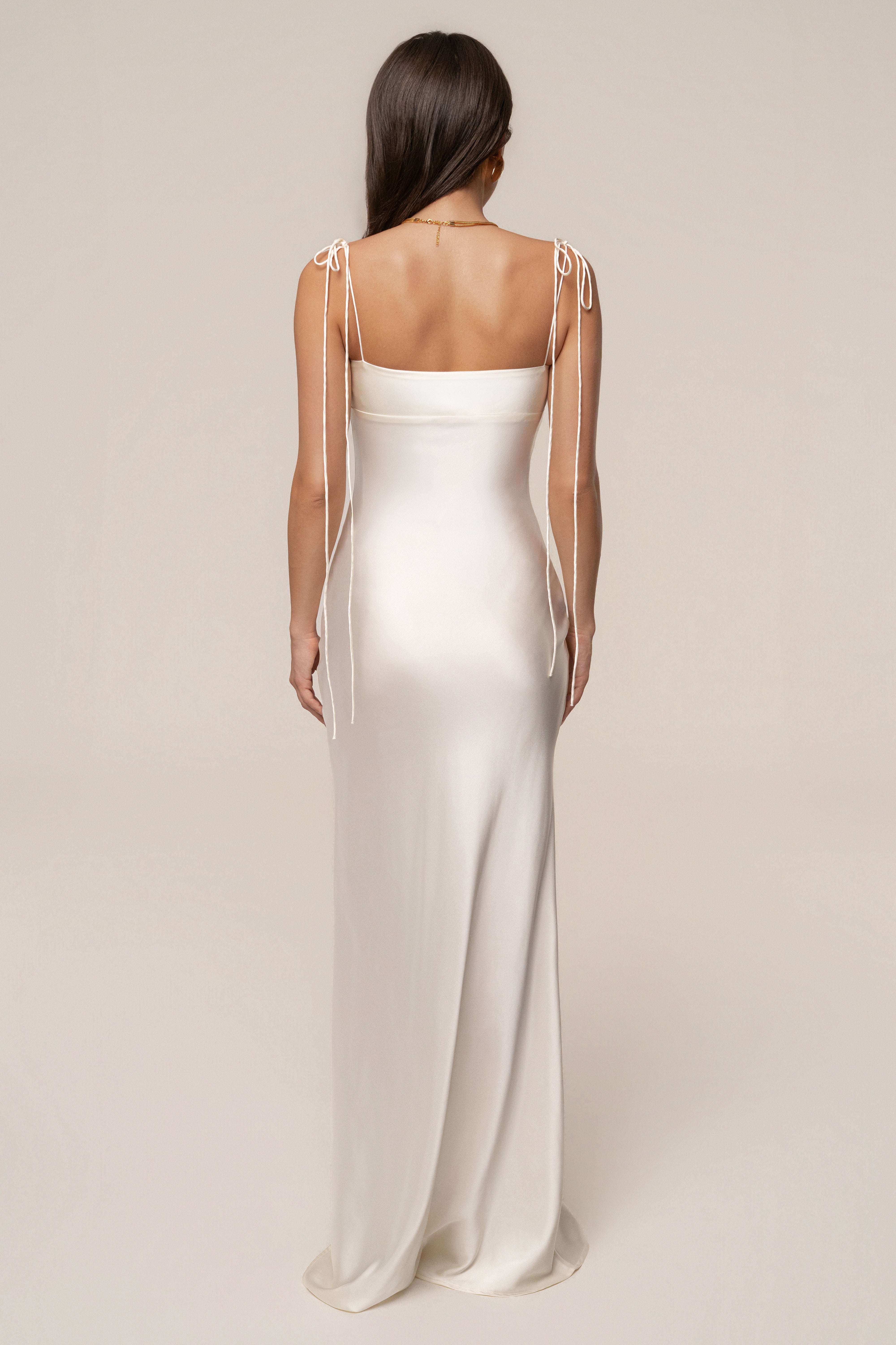 Cream Galilea Satin Maxi Dress by JLUXLABEL featuring smooth satin fabric and elegant floor-length design.