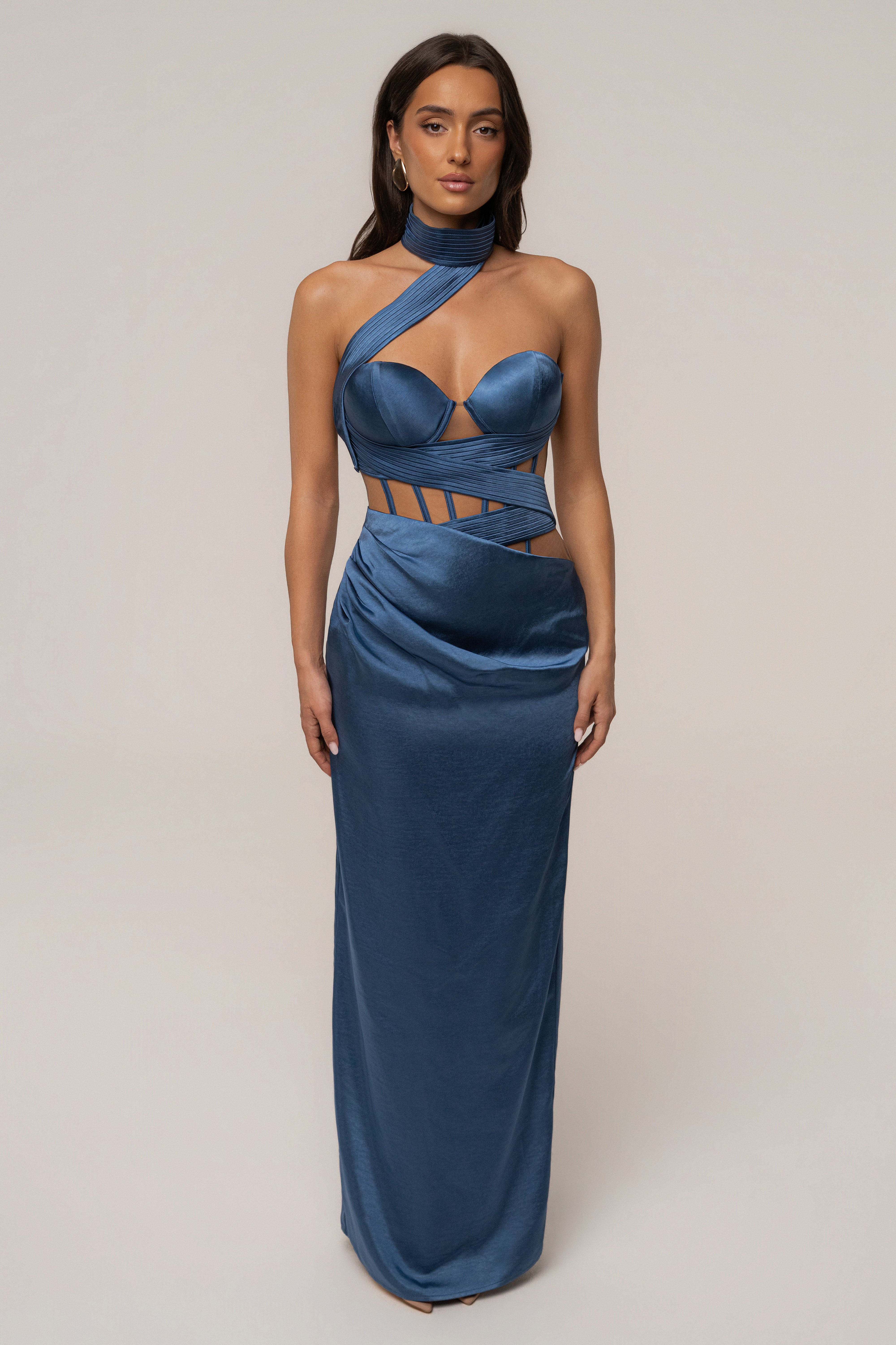 Blue Golden Hour corset maxi dress by JLUXLABEL featuring a fitted bodice and flowing skirt, perfect for elegant occasions.
