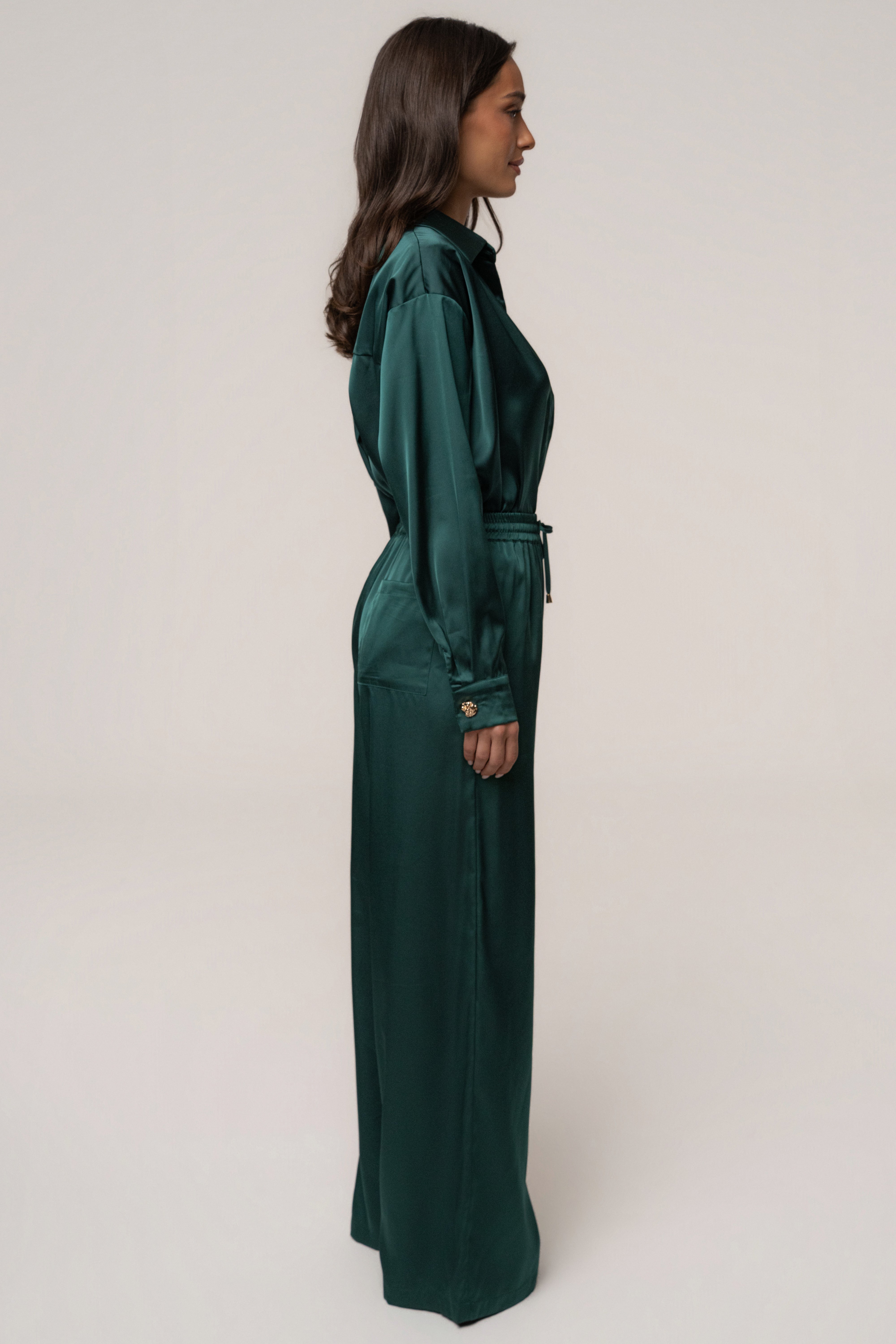 Emerald green satin collared top from JLUXLABEL with long sleeves and relaxed fit, stylish and smooth fabric.