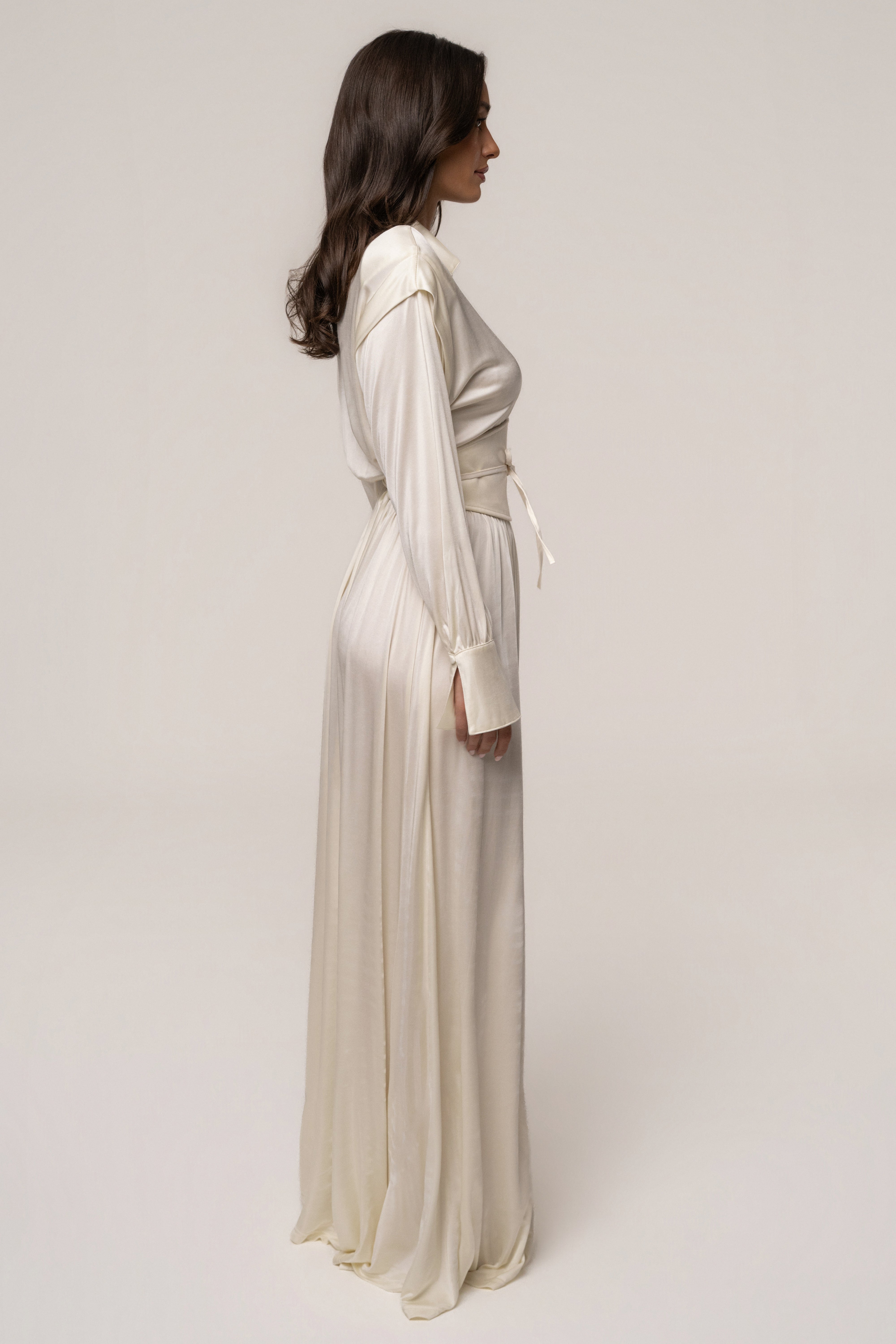 Cream High Line Collar Maxi Dress by JLUXLABEL featuring a flowing silhouette and elegant high neckline.