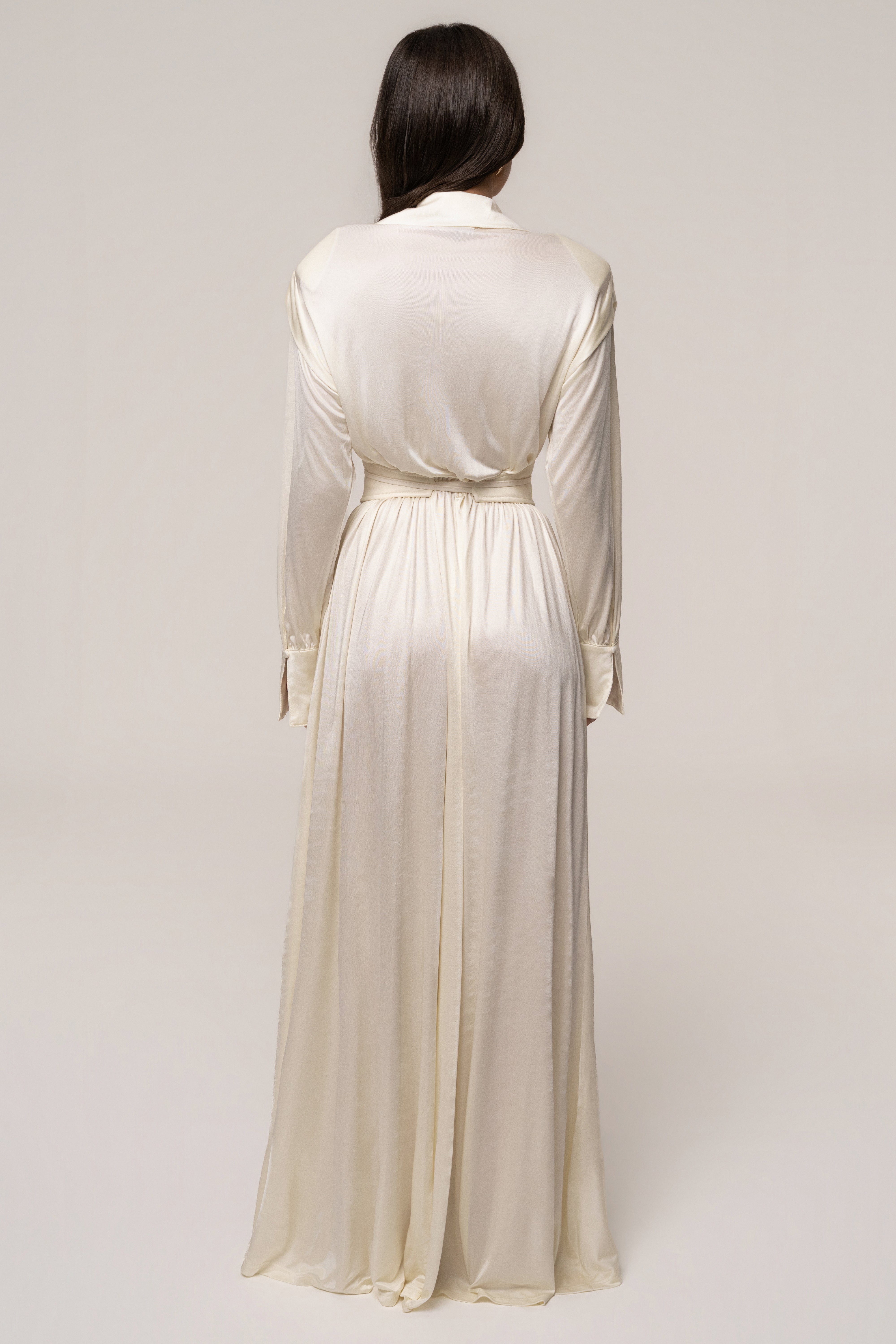 Cream high line collar maxi dress by JLUXLABEL featuring a flowing silhouette and elegant design.