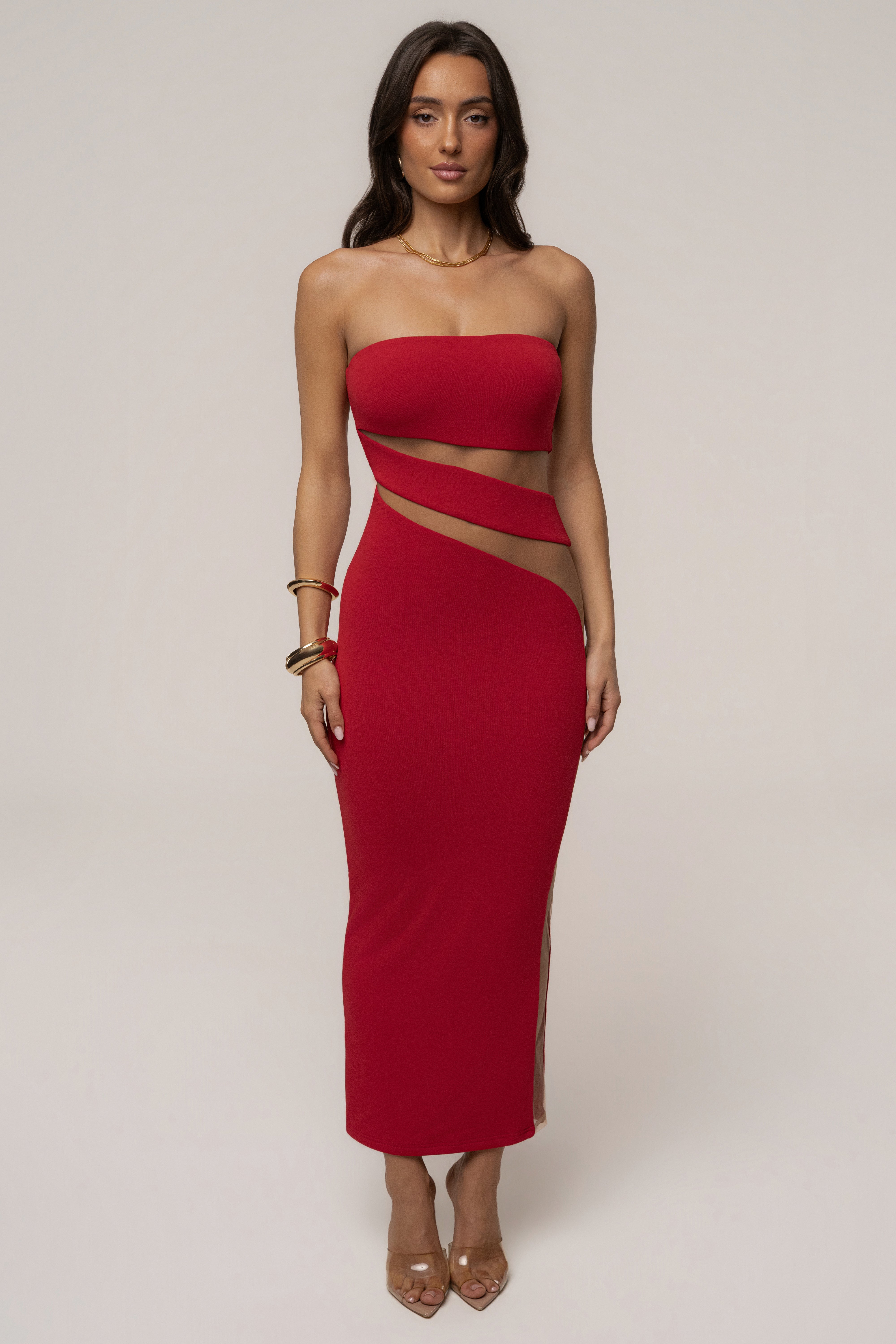 Red JLUXLABEL midi dress featuring a stylish, unpredictable design, perfect for elegant occasions and versatile styling.