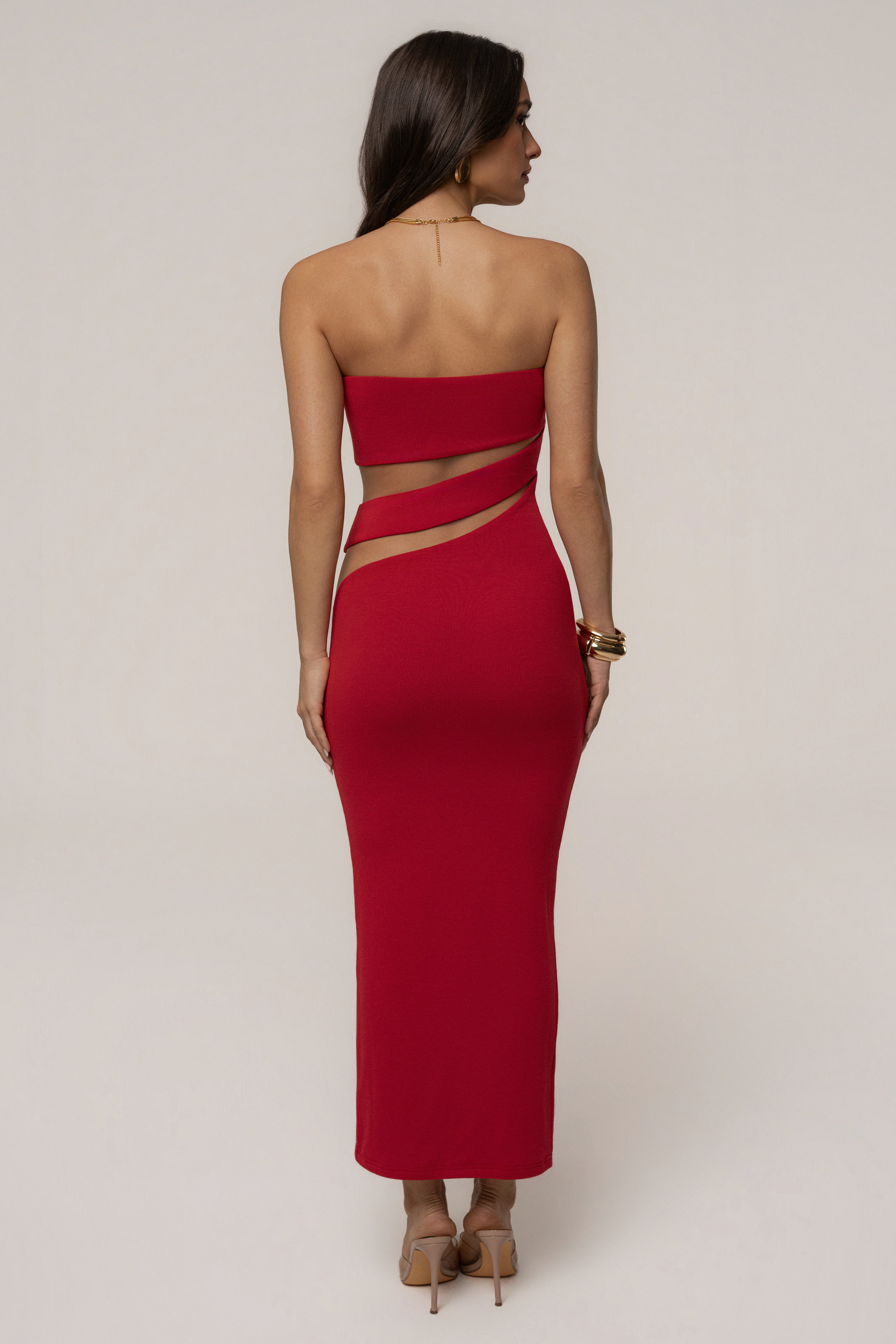 Red JLUXLABEL midi dress with a flowing silhouette, featuring a stylish and versatile design perfect for casual or dressy occasions.