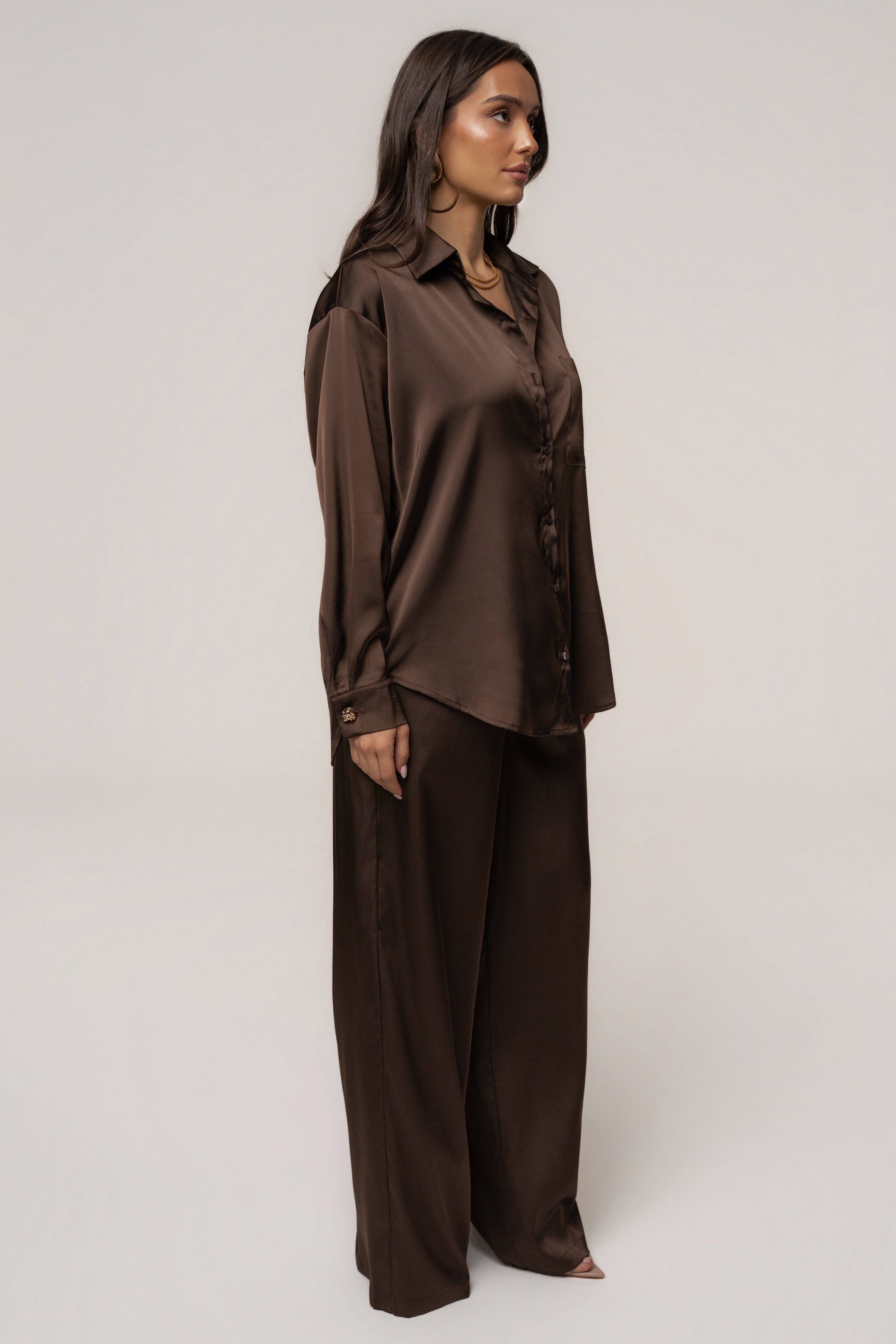 Chocolate Island Ease collared satin top by JLUXLABEL, featuring a smooth satin fabric, collared neckline, and relaxed fit.