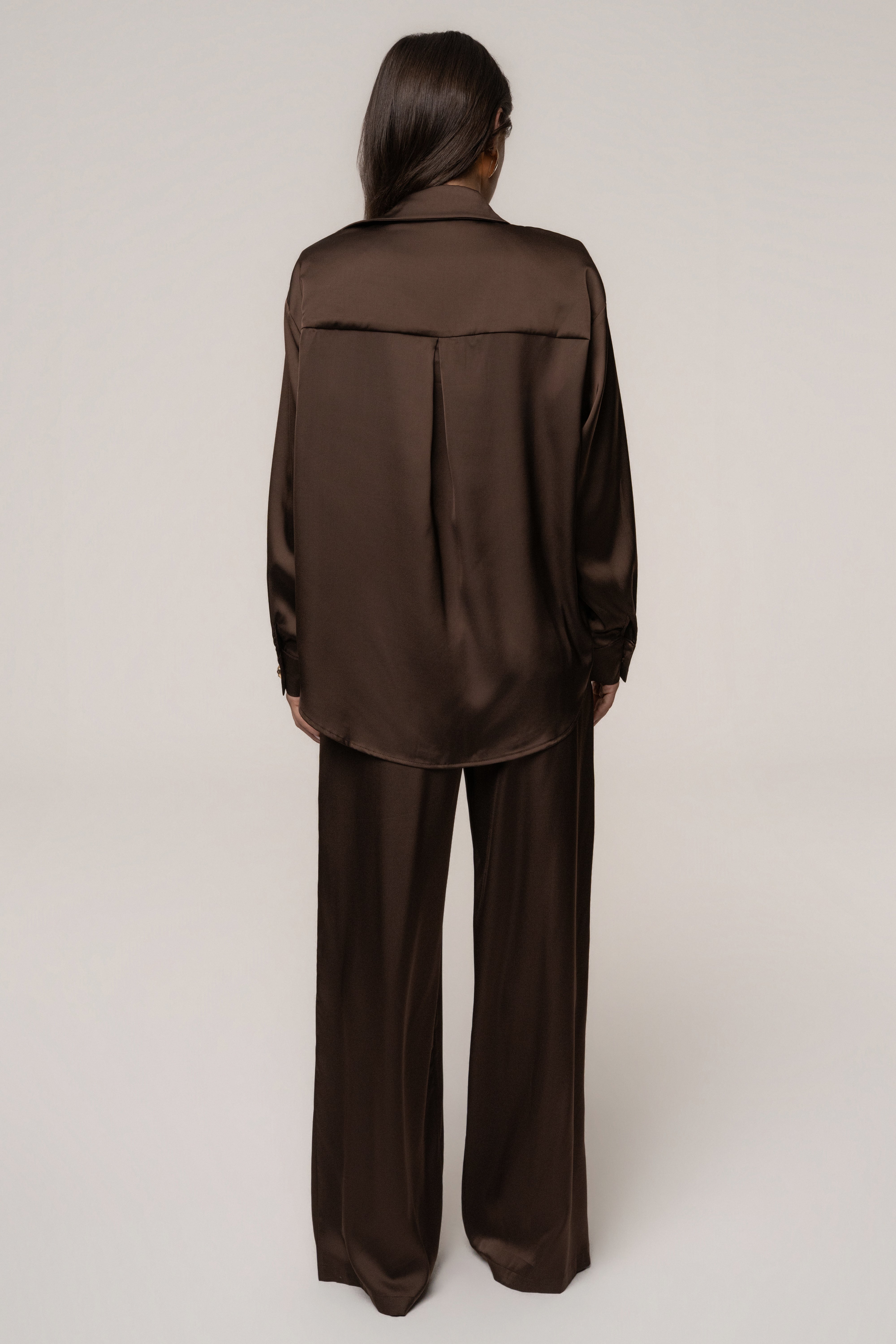 JLUXLABEL Chocolate Island Ease Collared Satin Top, front view showing satin fabric and relaxed fit for stylish casual wear