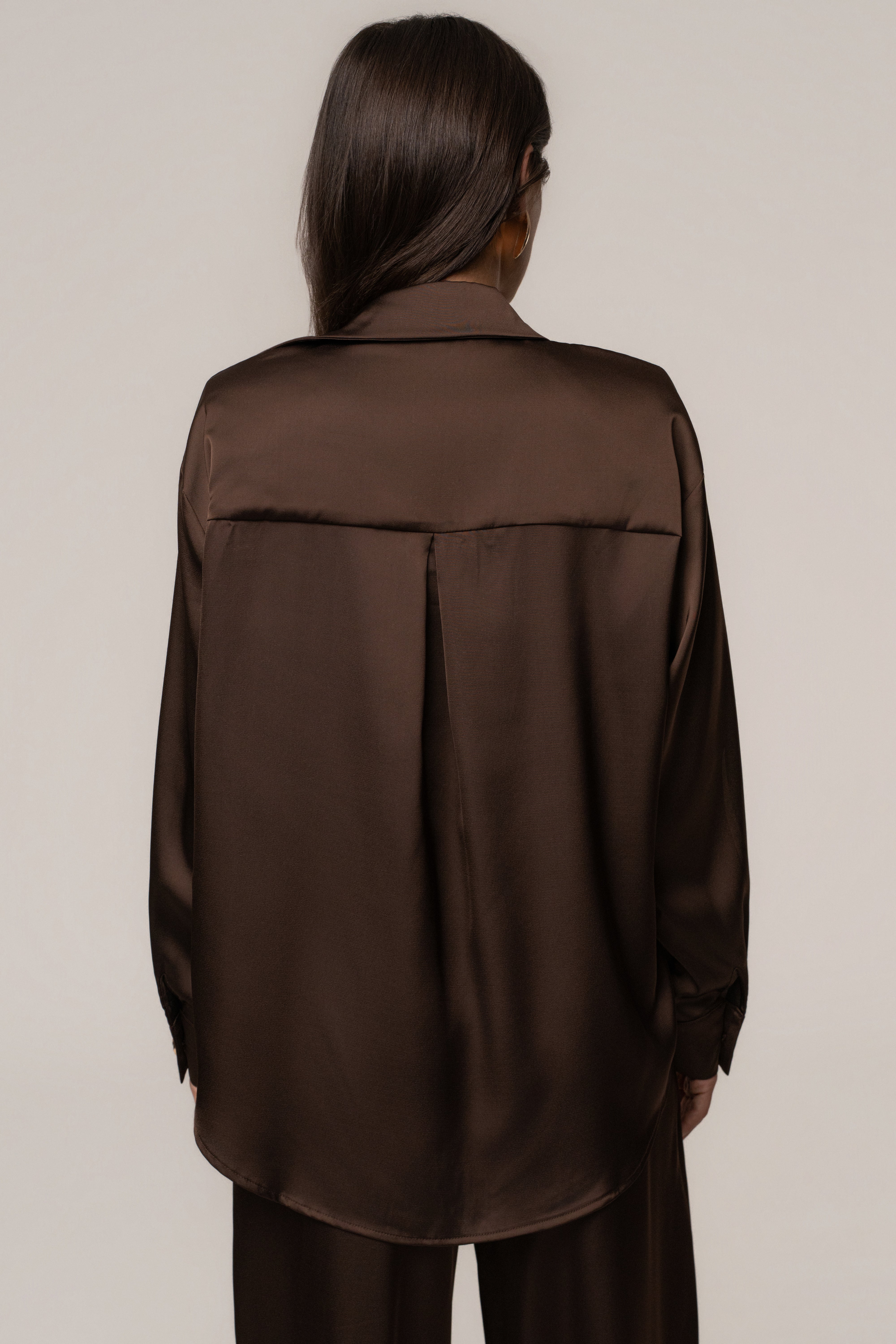 JLUXLABEL Chocolate Island Ease collared satin top, stylish and smooth fabric, displayed on a hanger with a relaxed fit.