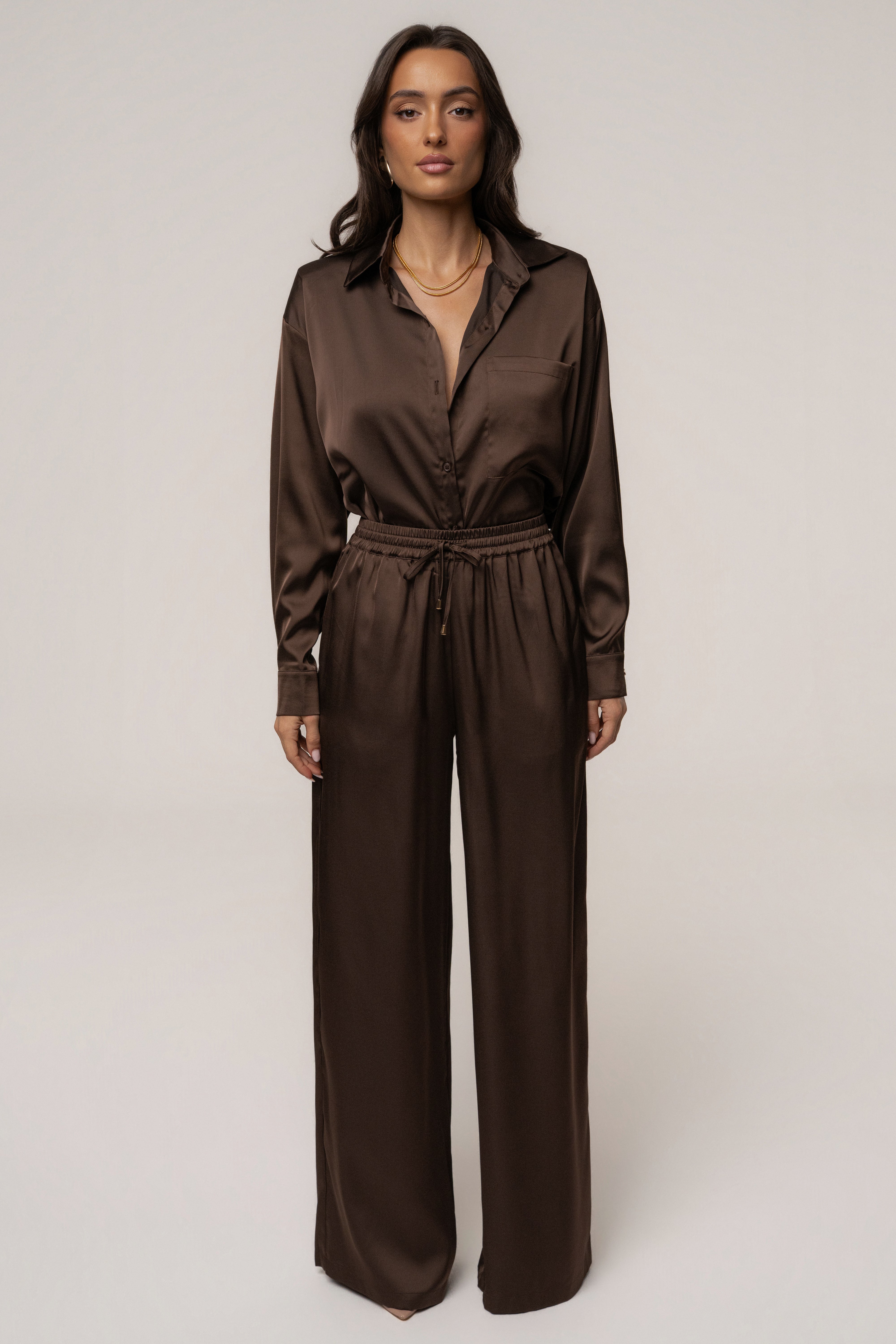 JLUXLABEL Chocolate Island Ease Collared Satin Top with long sleeves and a relaxed fit, shown in new color options.