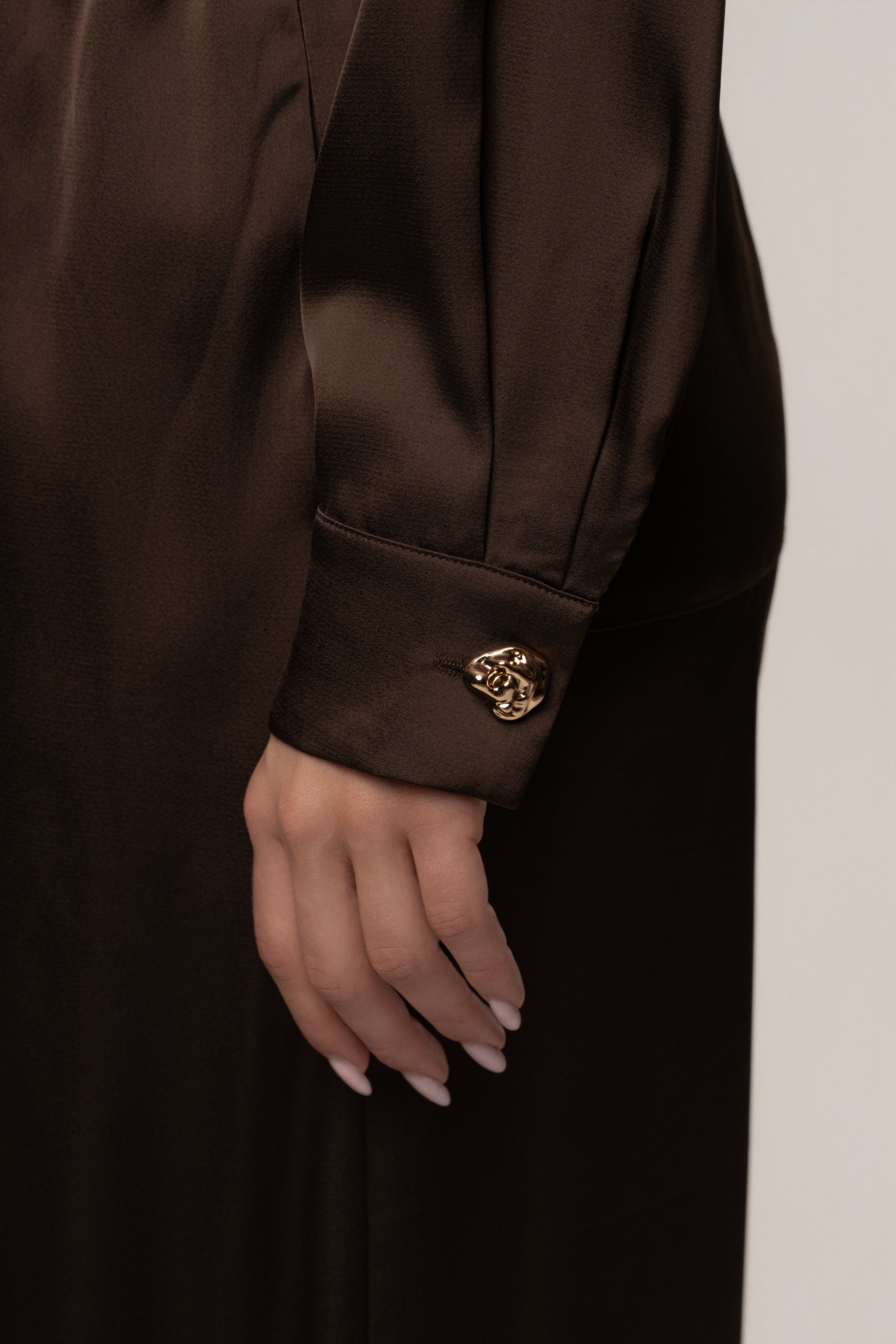 JLUXLABEL Chocolate Island Ease Collared Satin Top, stylish satin blouse with a relaxed fit and collared neckline.