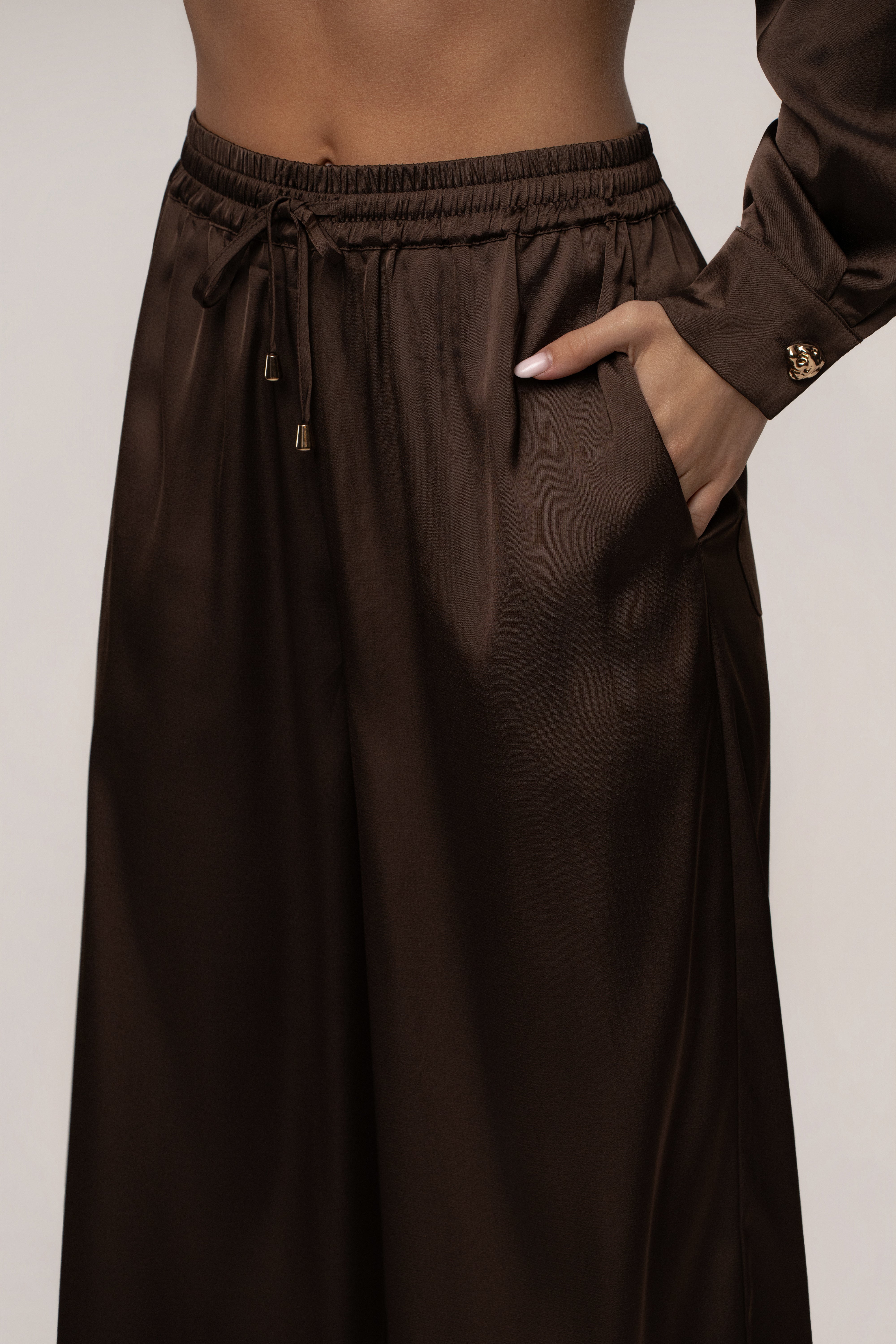 JLUXLABEL Chocolate Sunny Day Drawstring Pants, stylish bottoms with a relaxed fit and adjustable waistband, shown in new color.