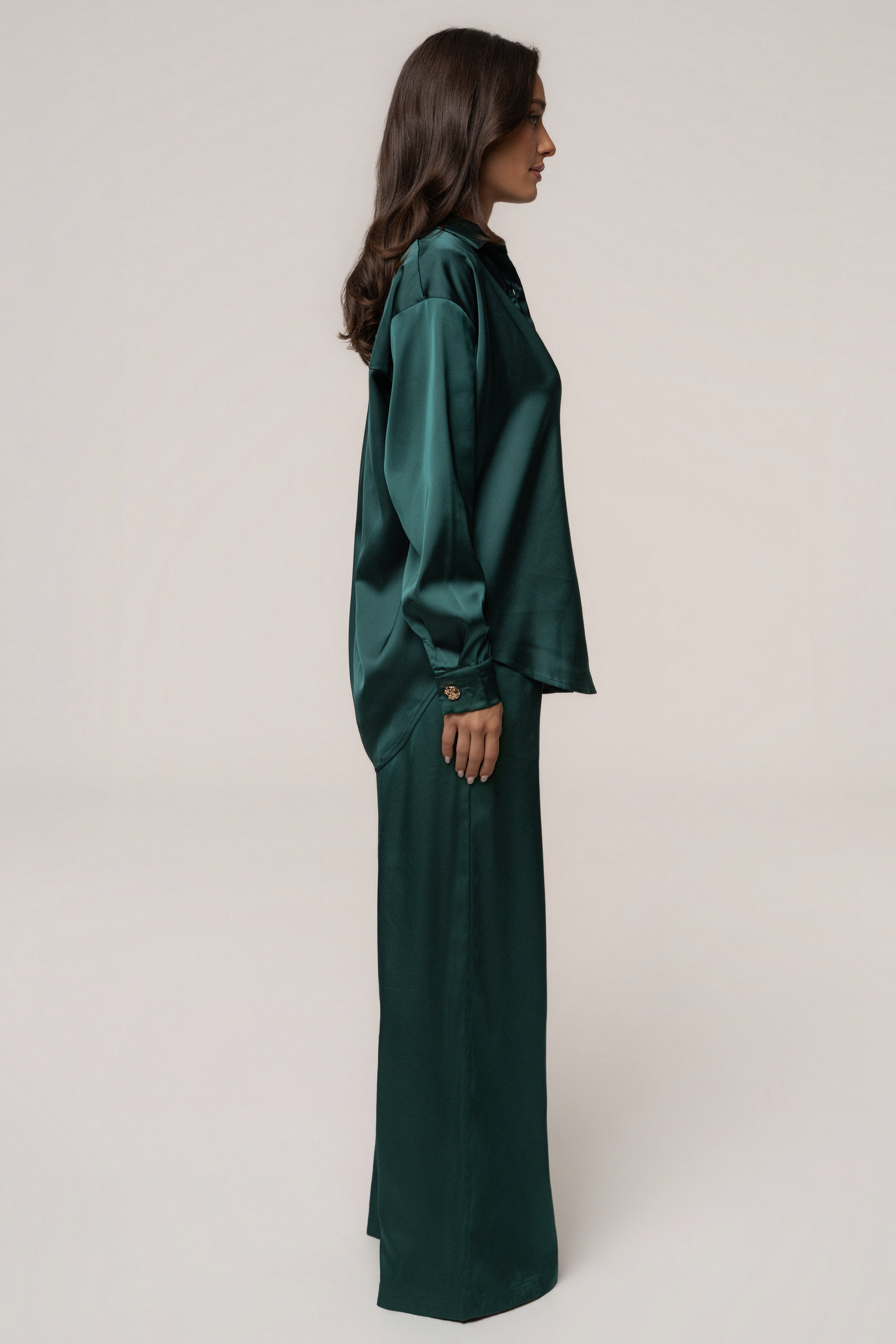 JLUXLABEL emerald satin collared top from the Emerald Island Ease collection, stylish and smooth fabric, front view.