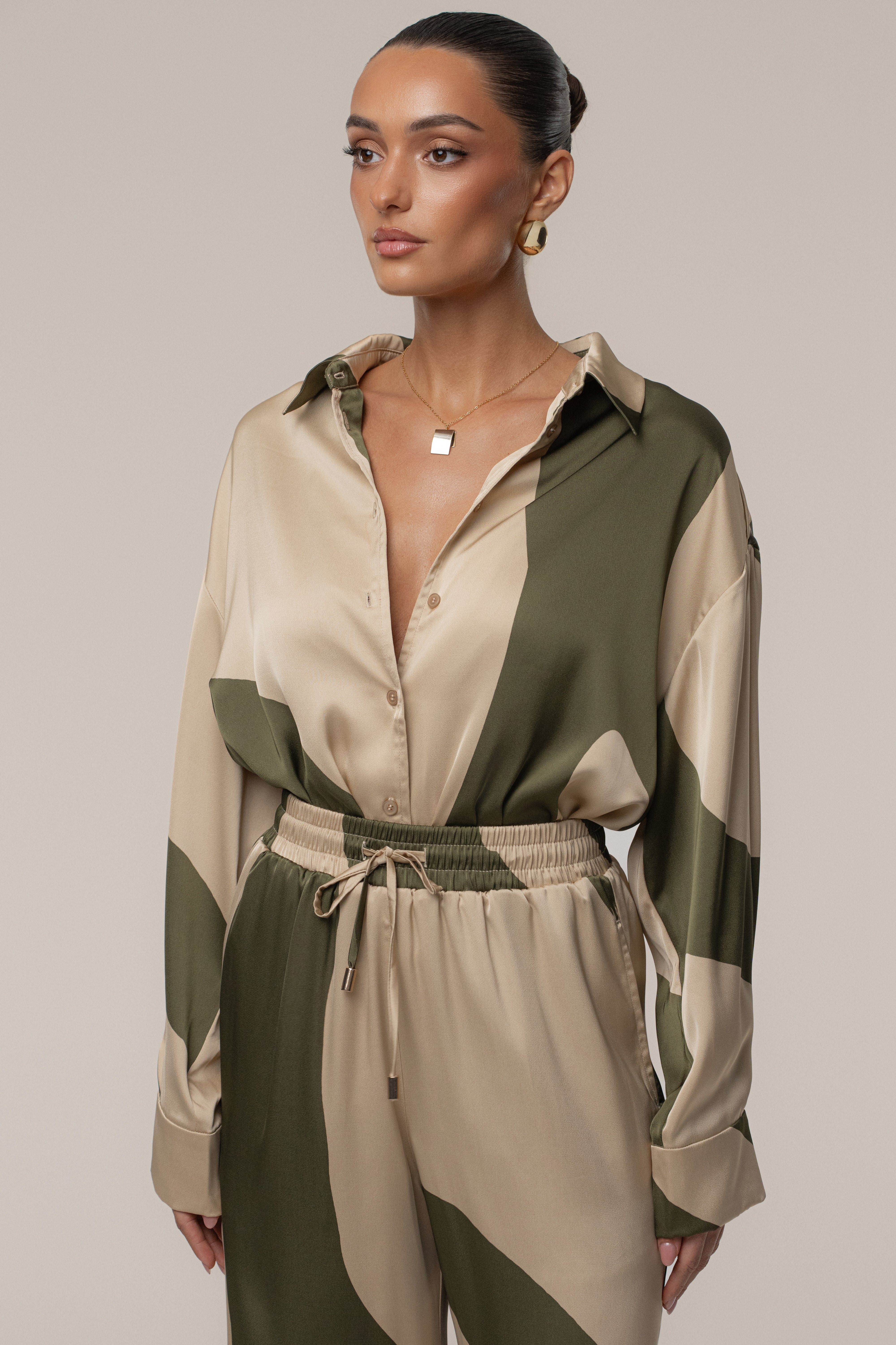 JLUXLABEL Multi Ella Safari Blouse, stylish top with safari-inspired print and relaxed fit, shown on a model.