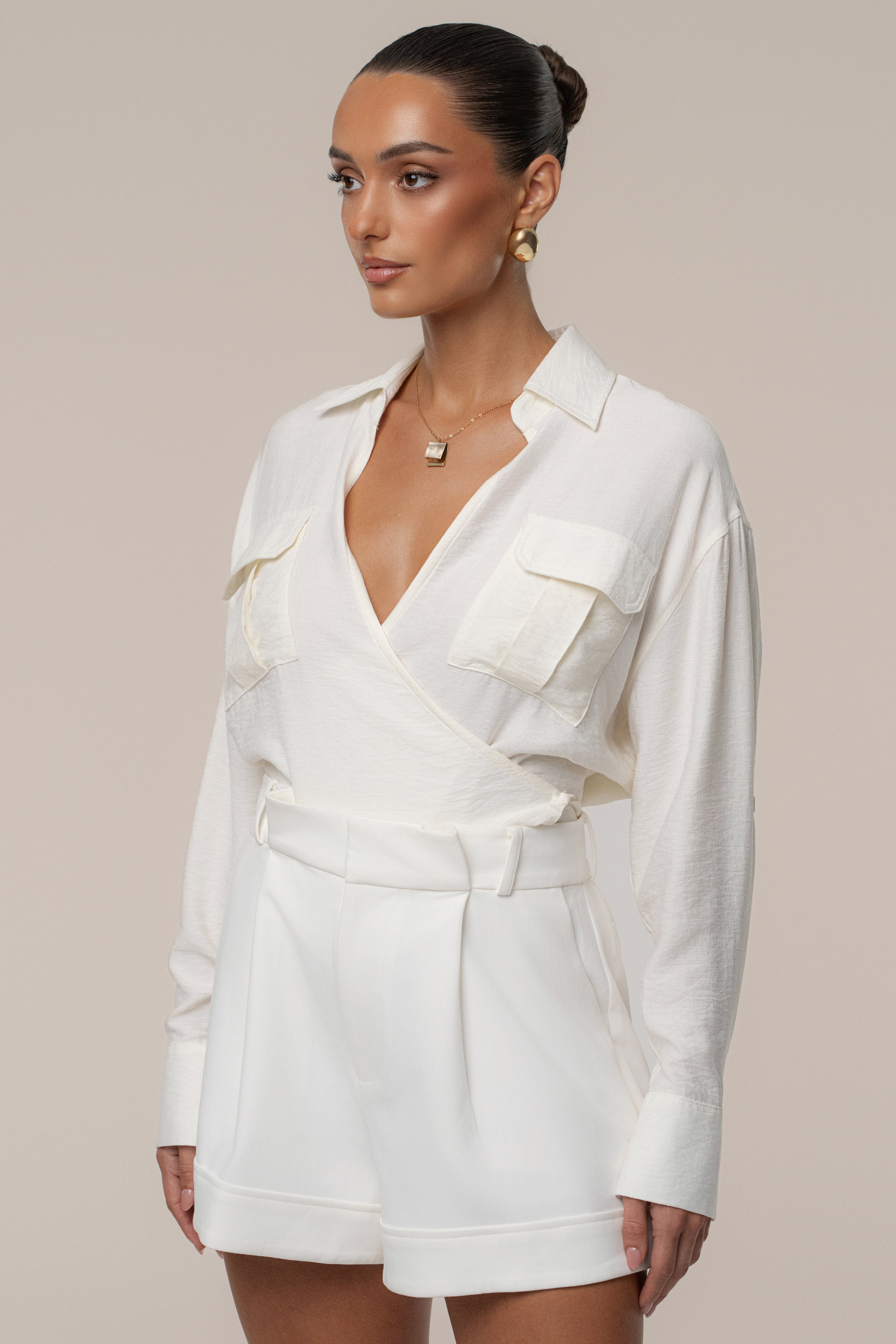 Ivory Drift Collared Cargo Top - JLUXLABEL