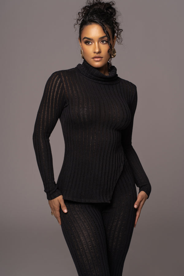 Black One Call Away Ribbed Turtleneck Top - JLUXLABEL