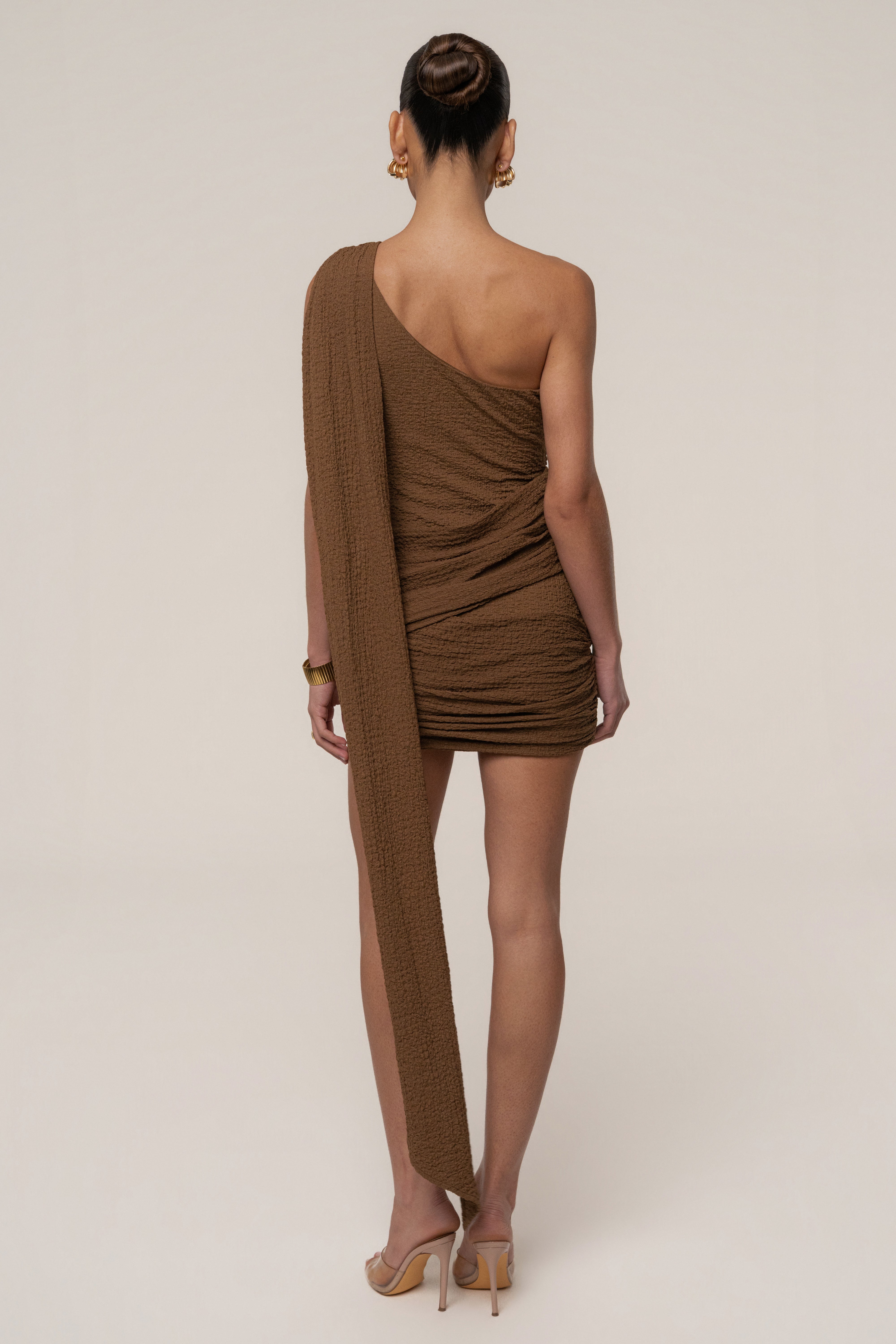 Brown Night Muse mini dress by JLUXLABEL featuring a stylish, fitted dress with a sleeveless design and elegant silhouette.