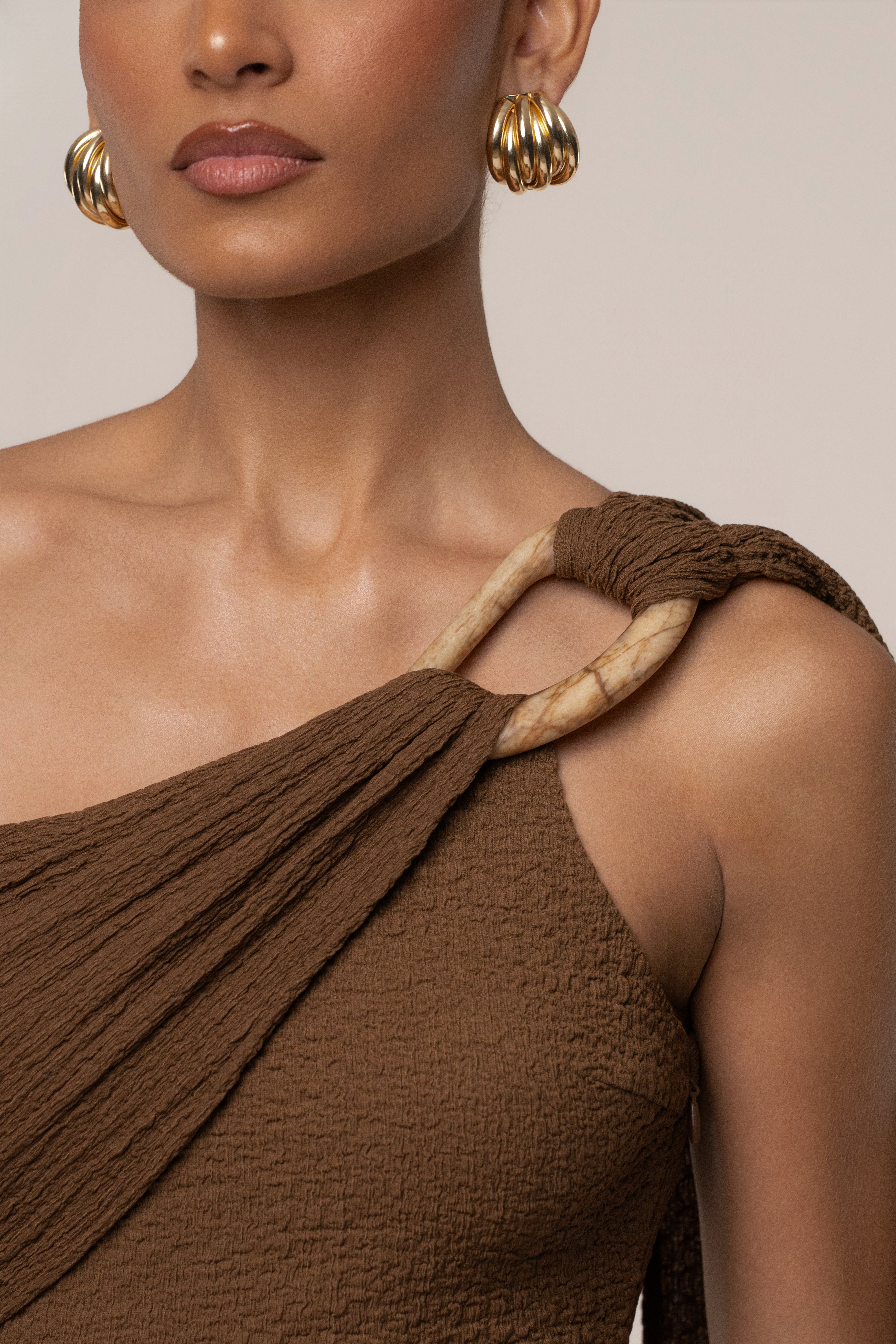 Brown Night Muse mini dress by JLUXLABEL, featuring a stylish, fitted design with elegant short sleeves and a flattering silhouette.