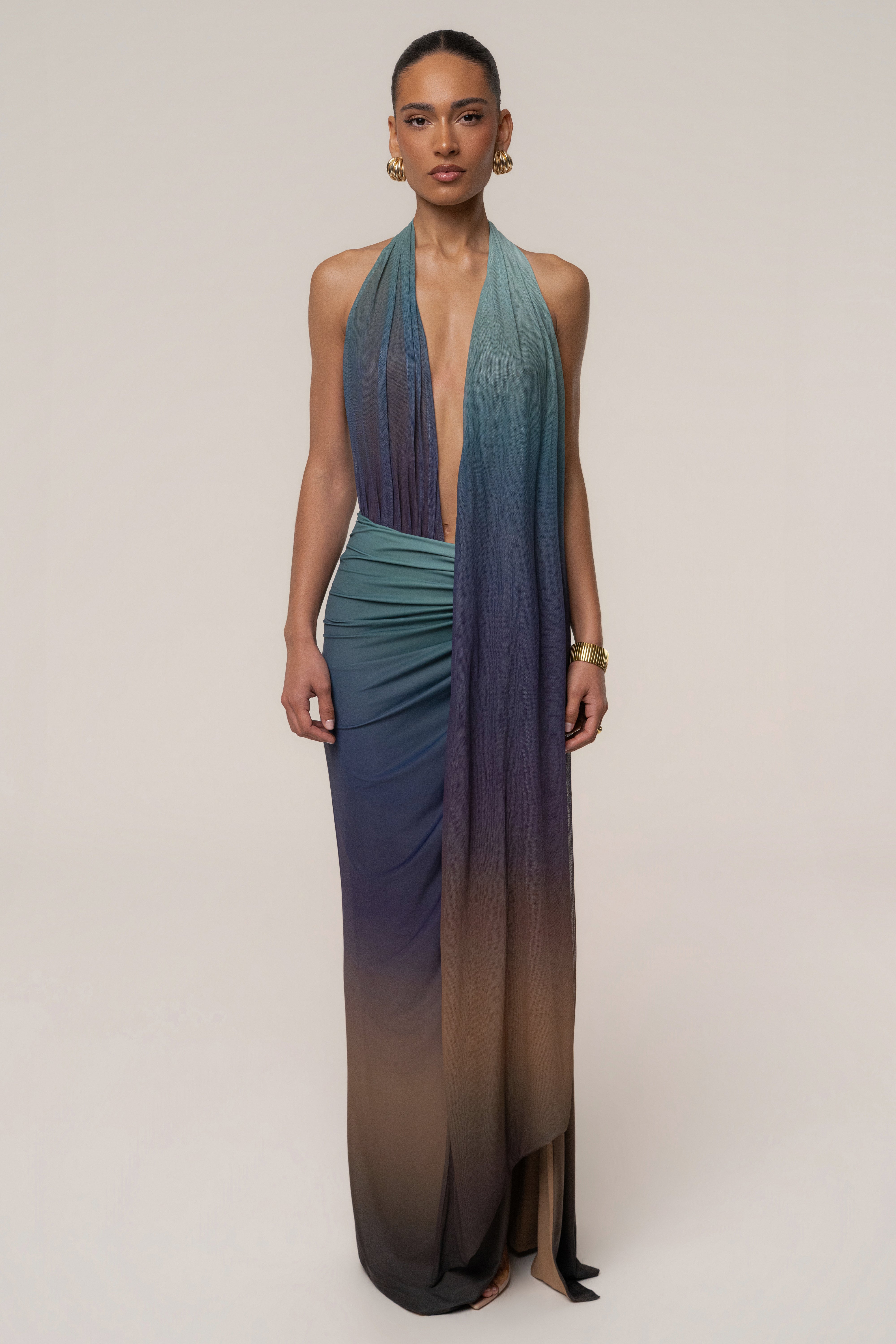 JLUXLABEL Lunar Shadow Bare Form Plunge Bodysuit, stylish black top with deep neckline and sleek fit, displayed on a mannequin.