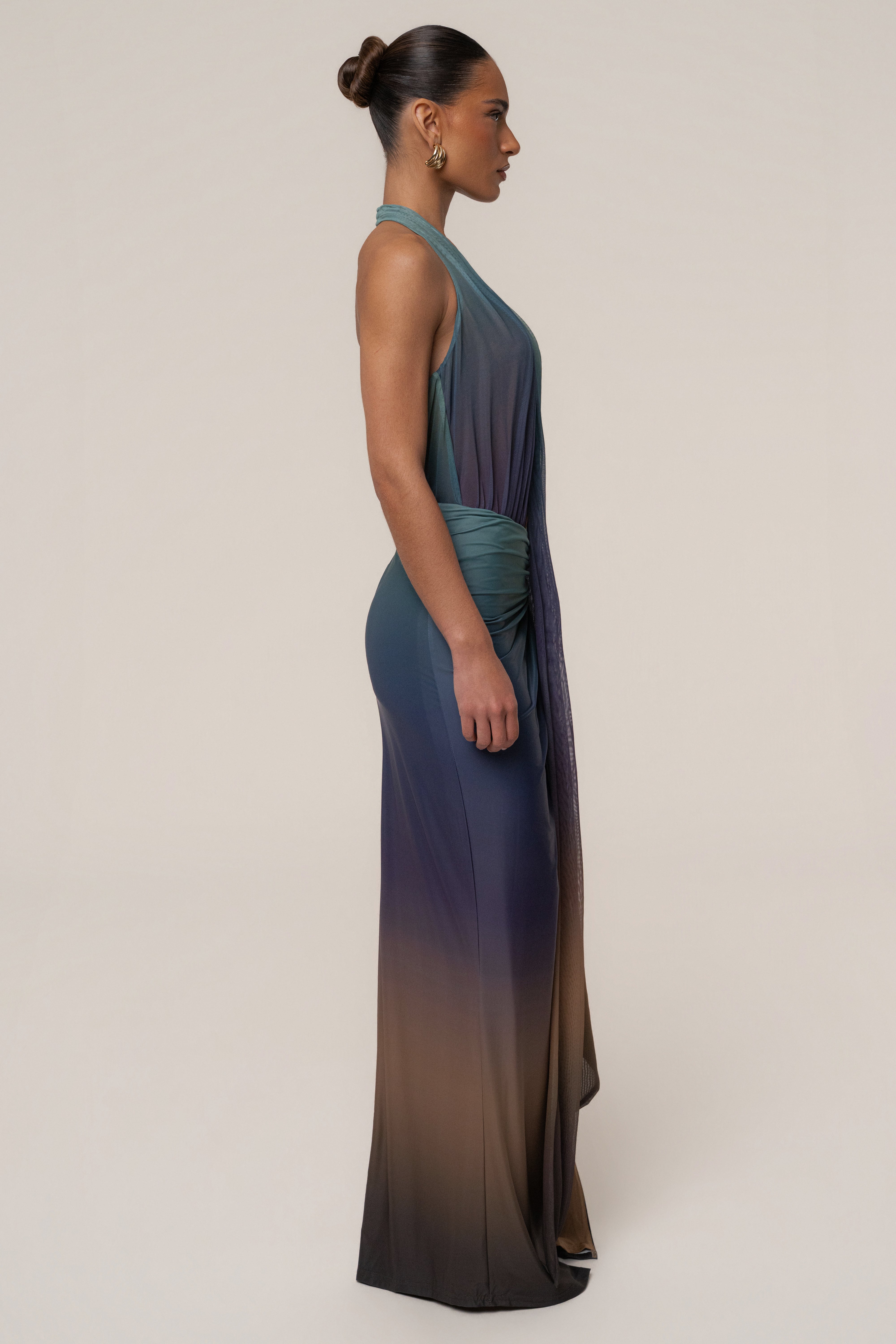 JLUXLABEL Lunar Shadow Bare Form plunge bodysuit, black top with deep neckline and sleek fit, showcased on a model.
