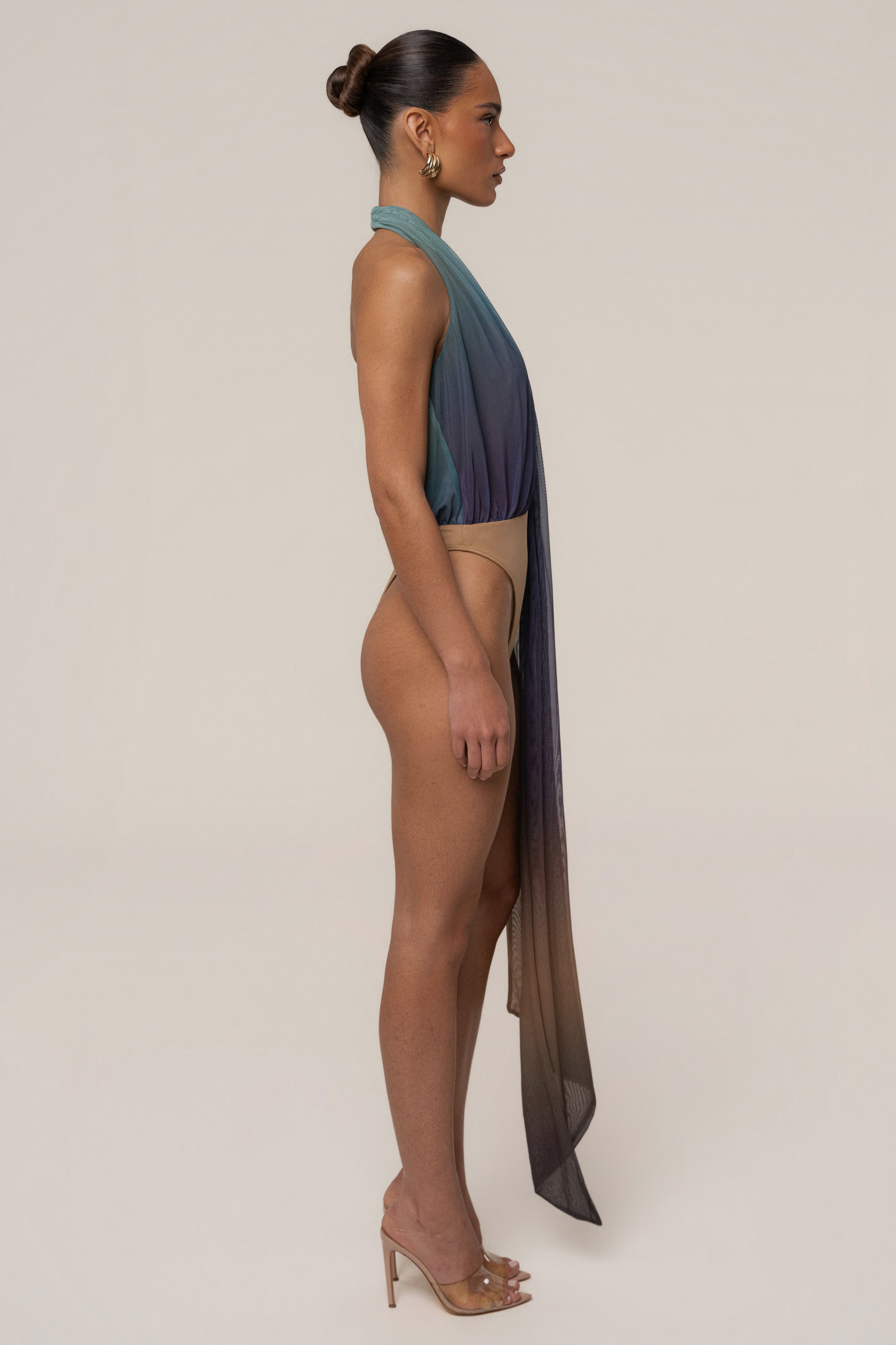 JLUXLABEL Lunar Shadow Bare Form Plunge Bodysuit, black tops with deep V neckline and sleek design, close-up view.