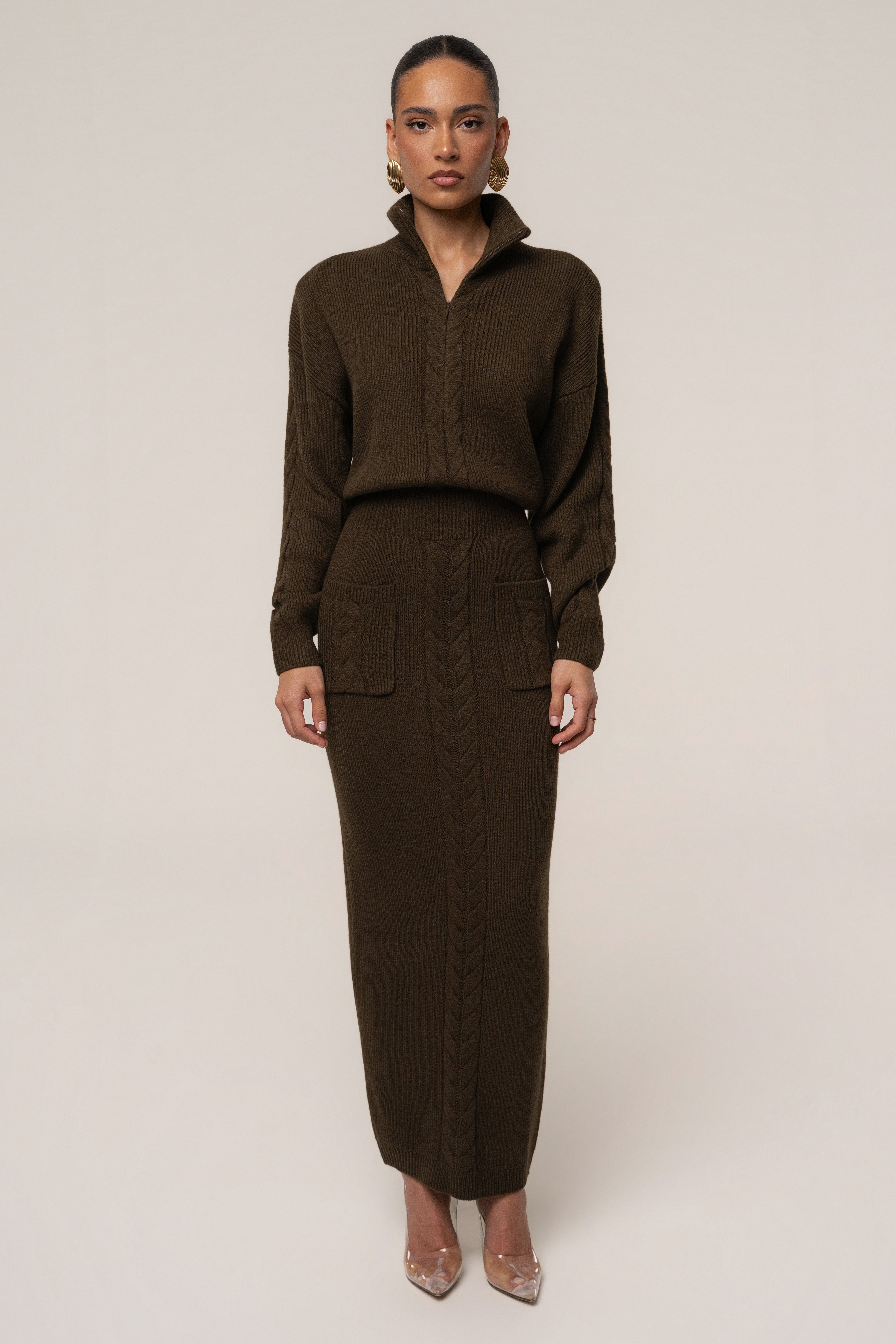 Chocolate ribbed dress by JLUXLABEL featuring a cozy, fitted design perfect for stylish casual wear.