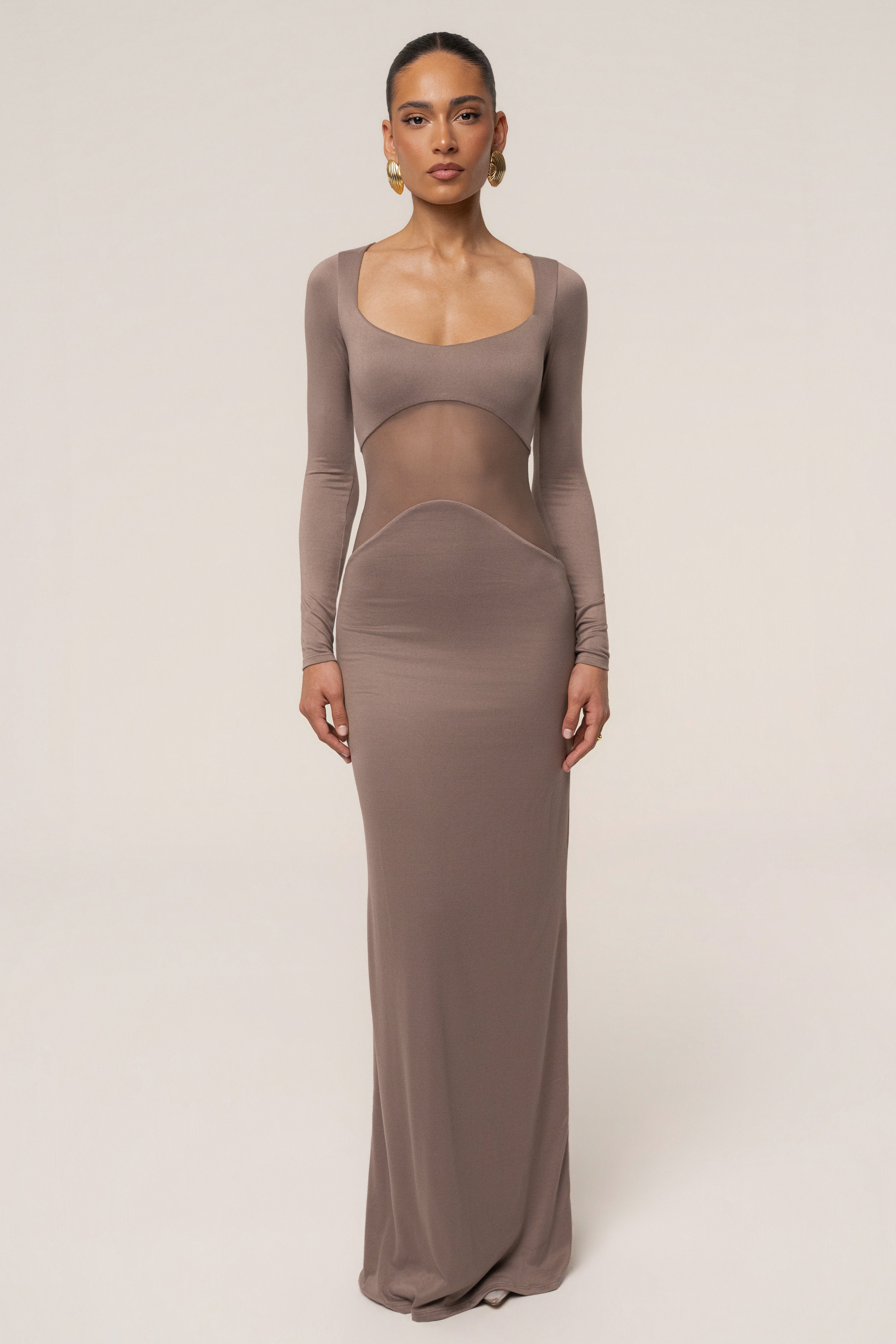JLUXLABEL Mocha Glitz Hour Maxi Dress featuring metallic accents and elegant design, perfect for formal occasions.