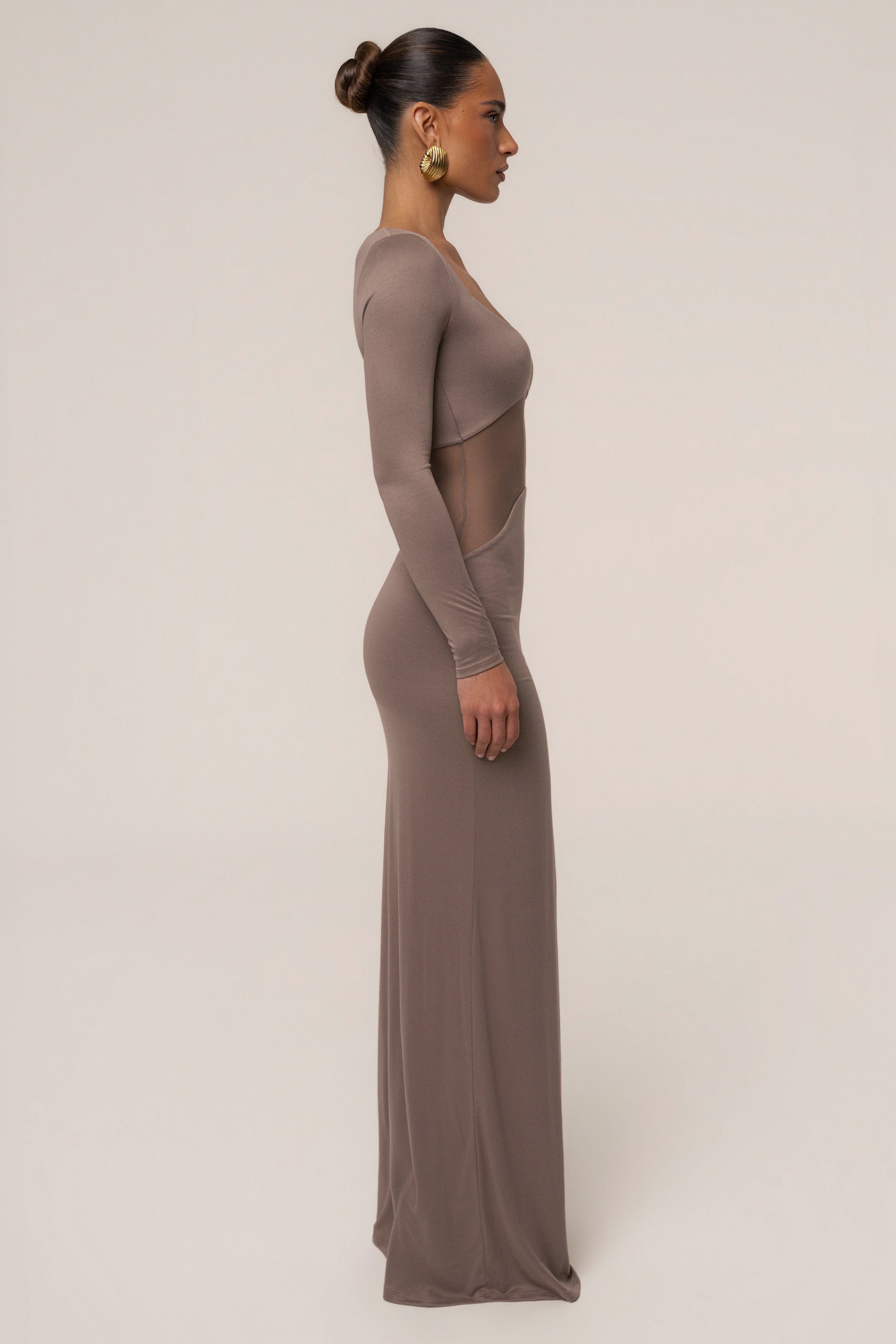 JLUXLABEL Mocha Glitz Hour Maxi Dress featuring elegant design, shimmering fabric, and flowing silhouette perfect for formal occasions.